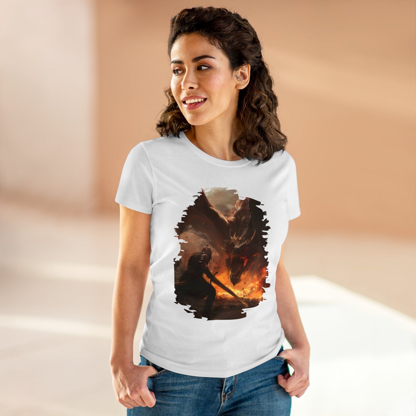 Fighter and Dragon - Fantasy - Women's Midweight Cotton Tee