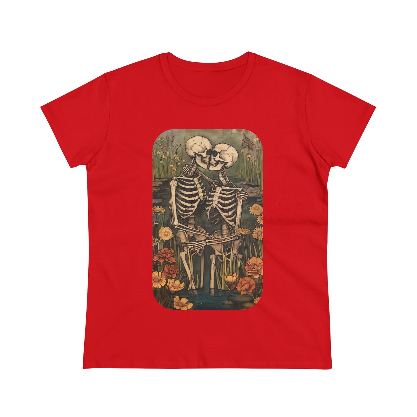 Skeleton Embrace - Flowers - Women's Midweight Cotton Tee