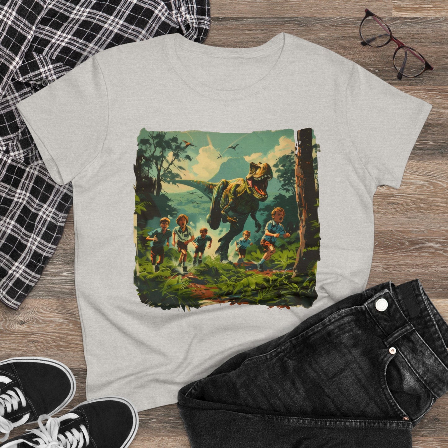 Dinosaur Chase - Women's Midweight Cotton Tee