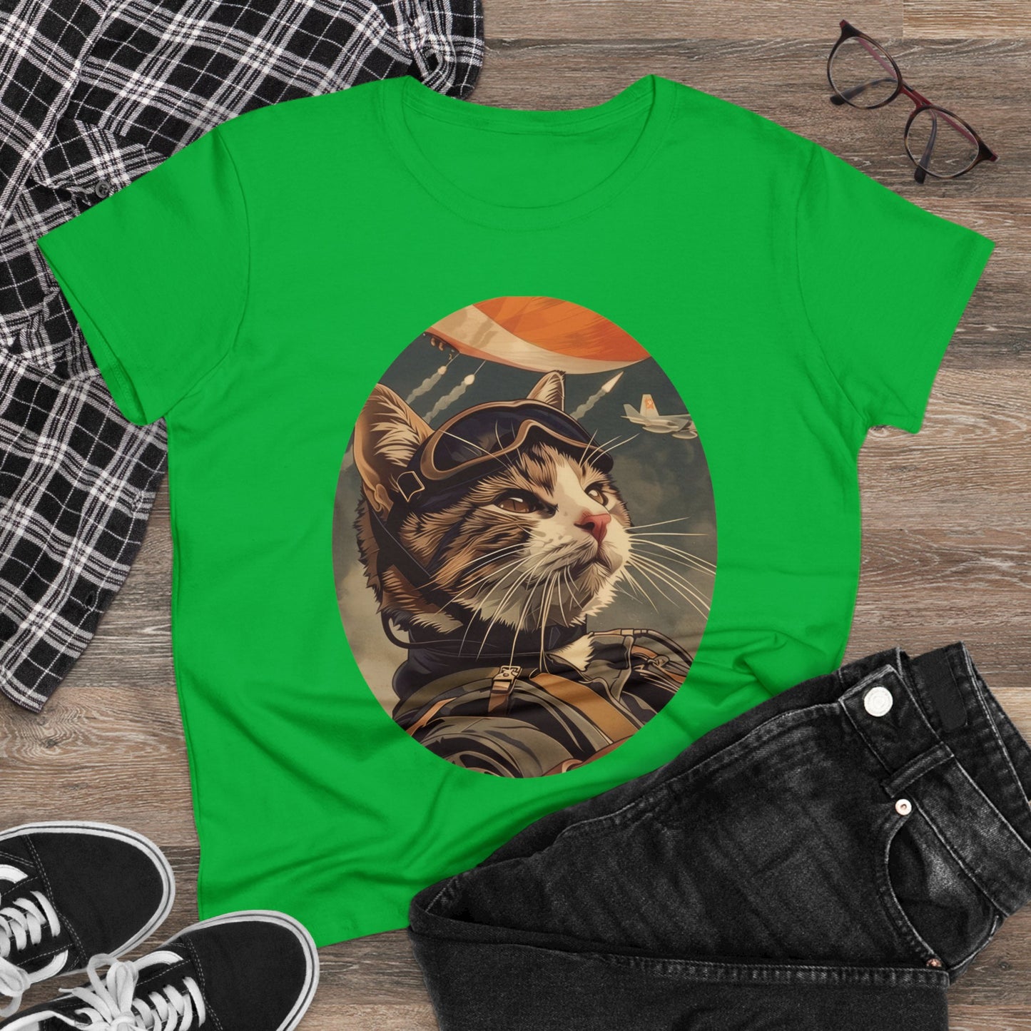 Kitty Fighter Pilot - Women's Midweight Cotton Tee