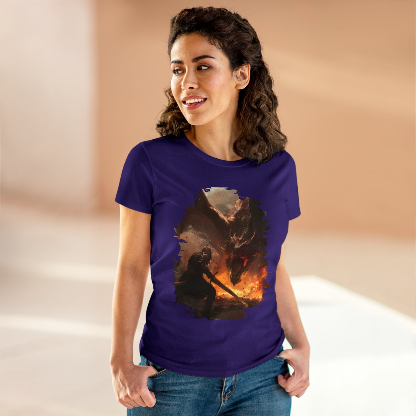 Fighter and Dragon - Fantasy - Women's Midweight Cotton Tee