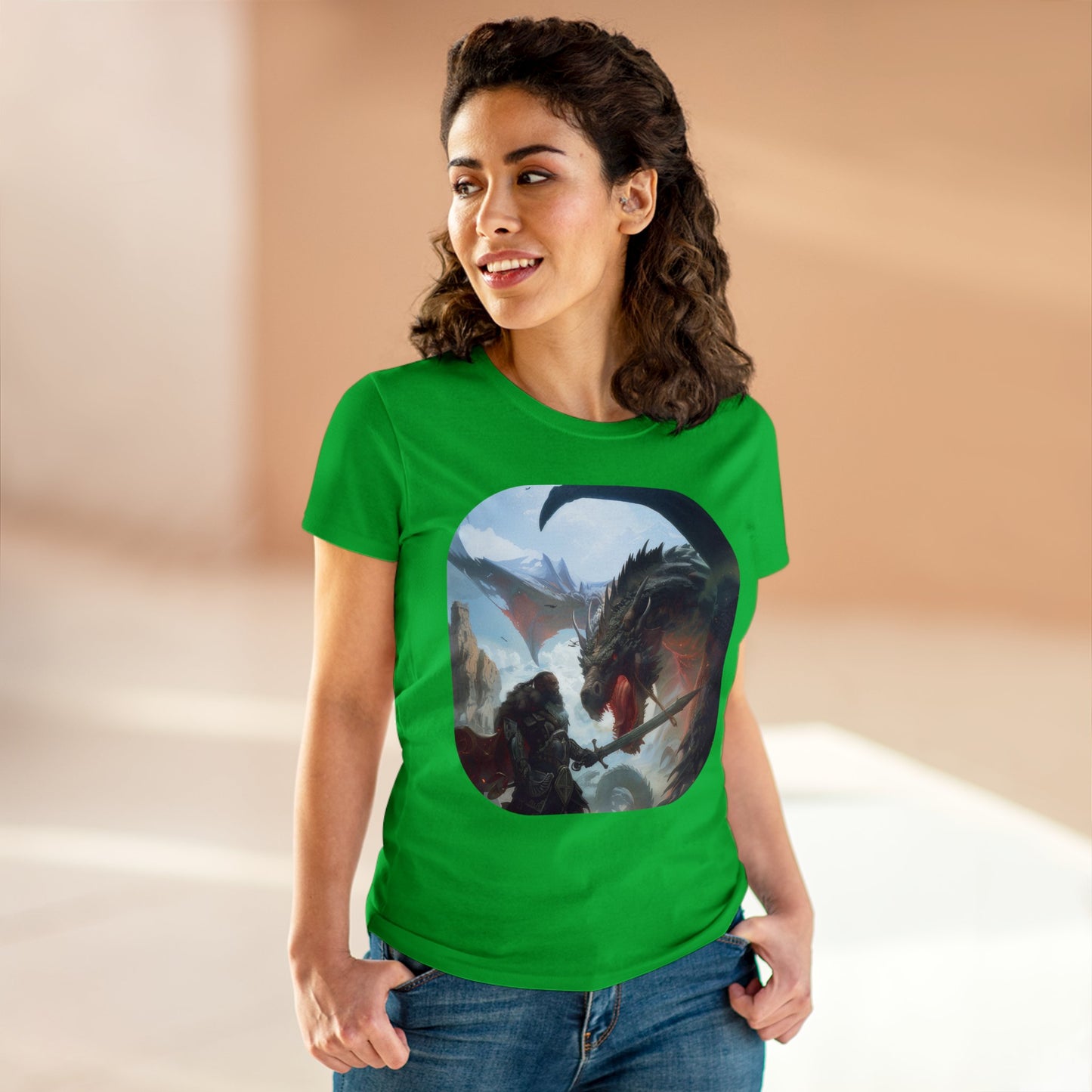 Fighter and Dragon - Fantasy - Women's Midweight Cotton Tee