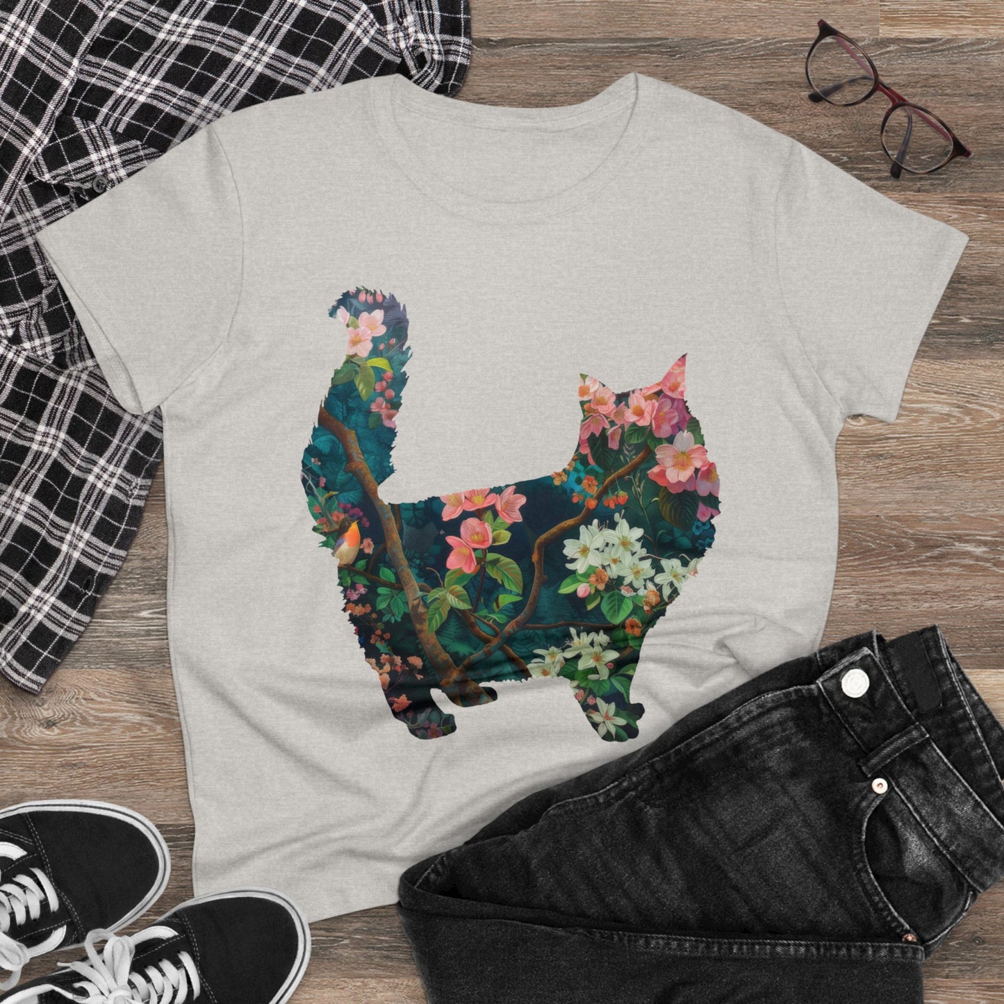 Flowery Cat - Women's Midweight Cotton Tee