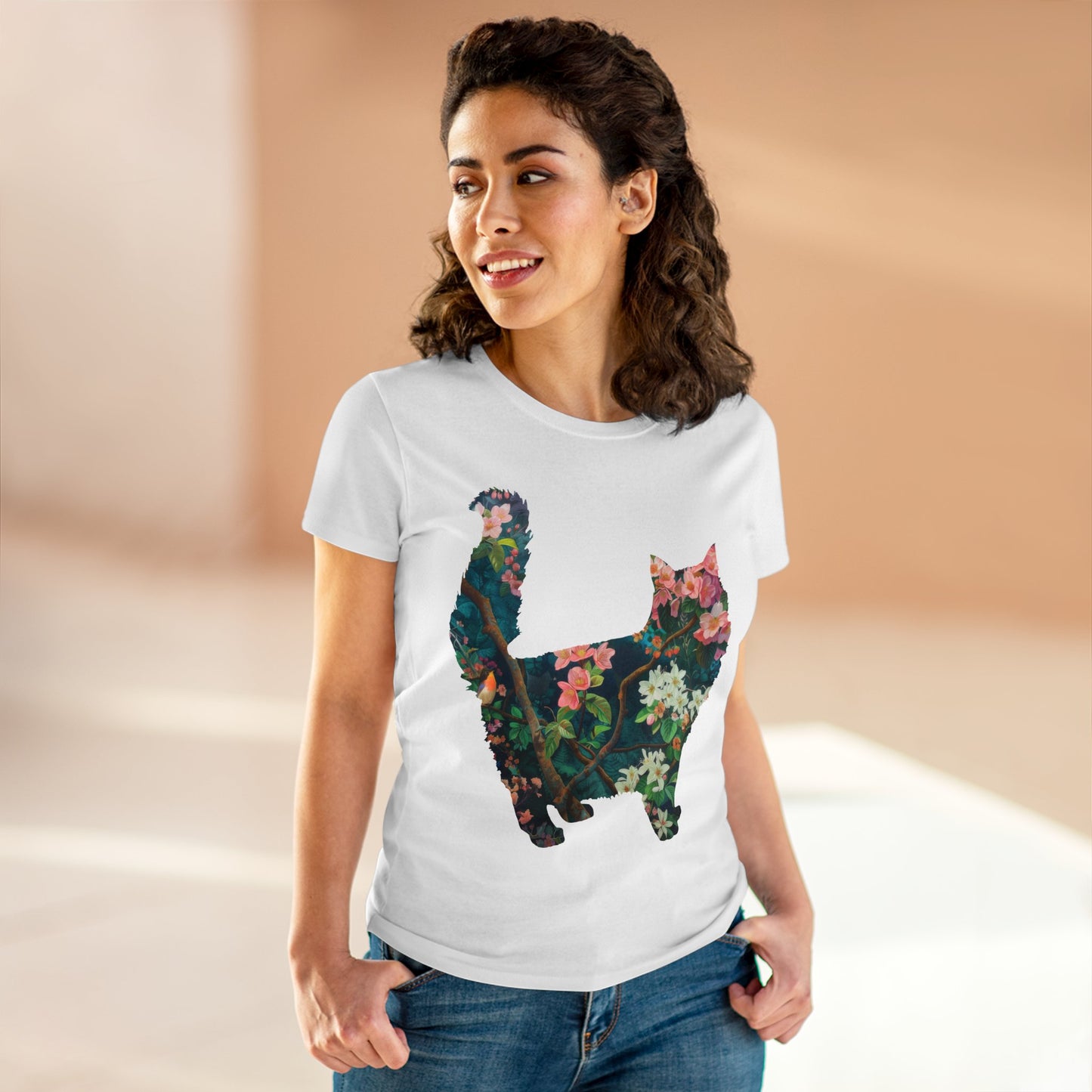 Flowery Cat - Women's Midweight Cotton Tee