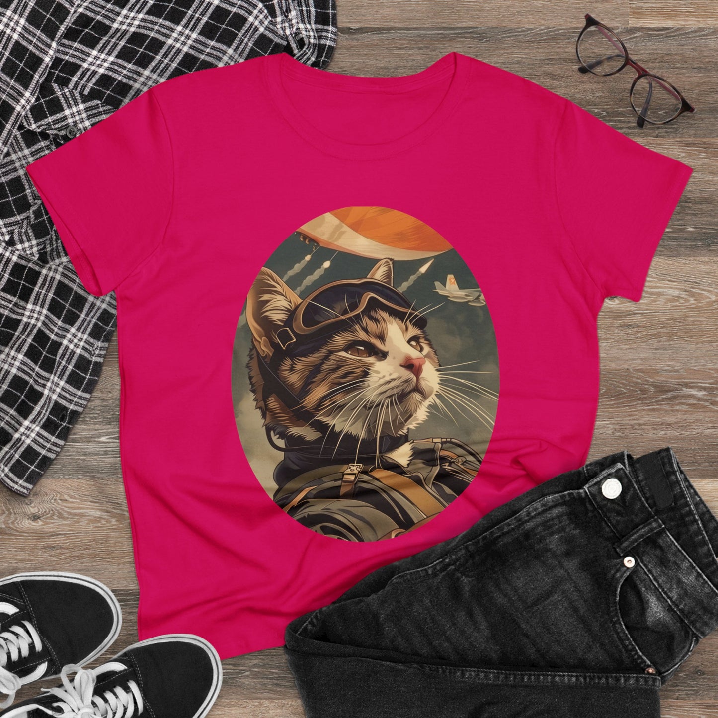 Kitty Fighter Pilot - Women's Midweight Cotton Tee