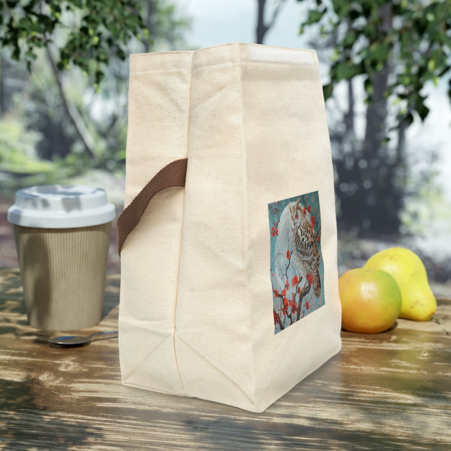 Owl in Japanese Cherry Tree - Canvas Lunch Bag With Strap