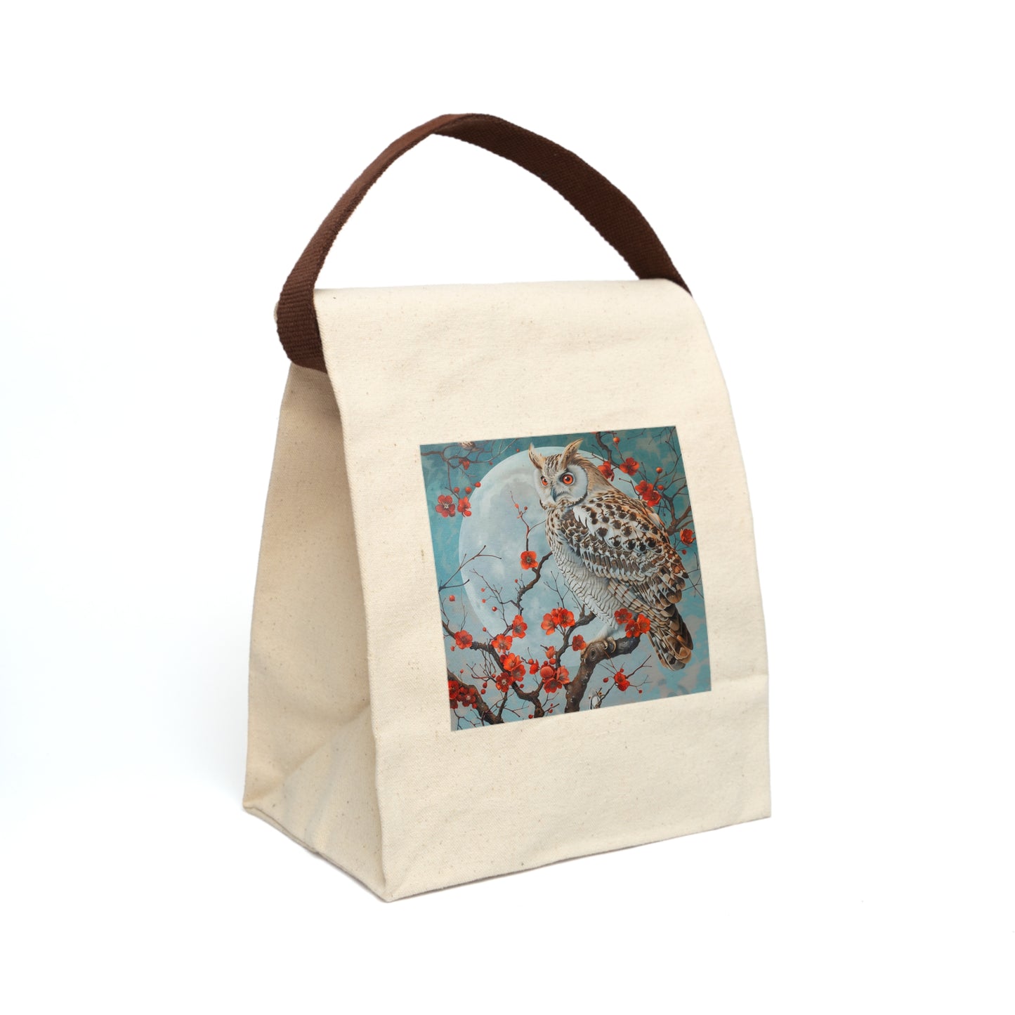 Owl in Japanese Cherry Tree - Canvas Lunch Bag With Strap
