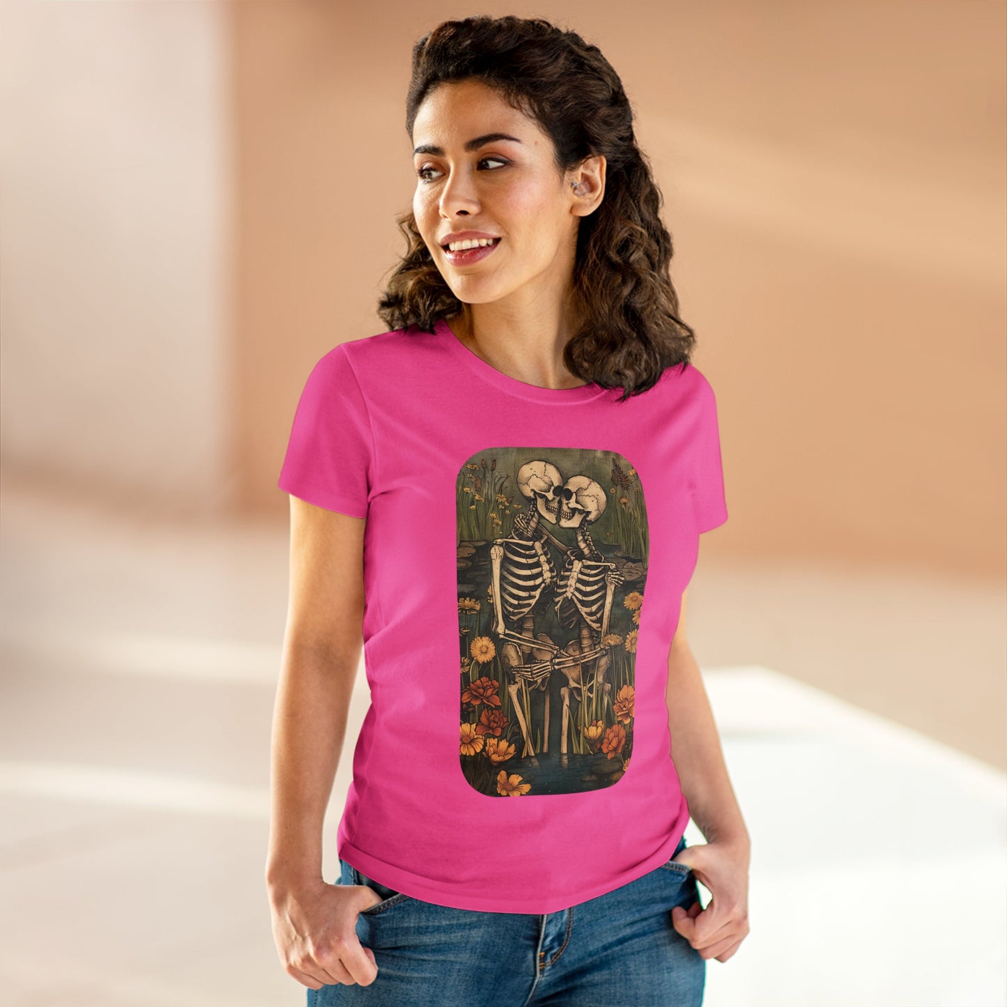 Skeleton Embrace - Flowers - Women's Midweight Cotton Tee