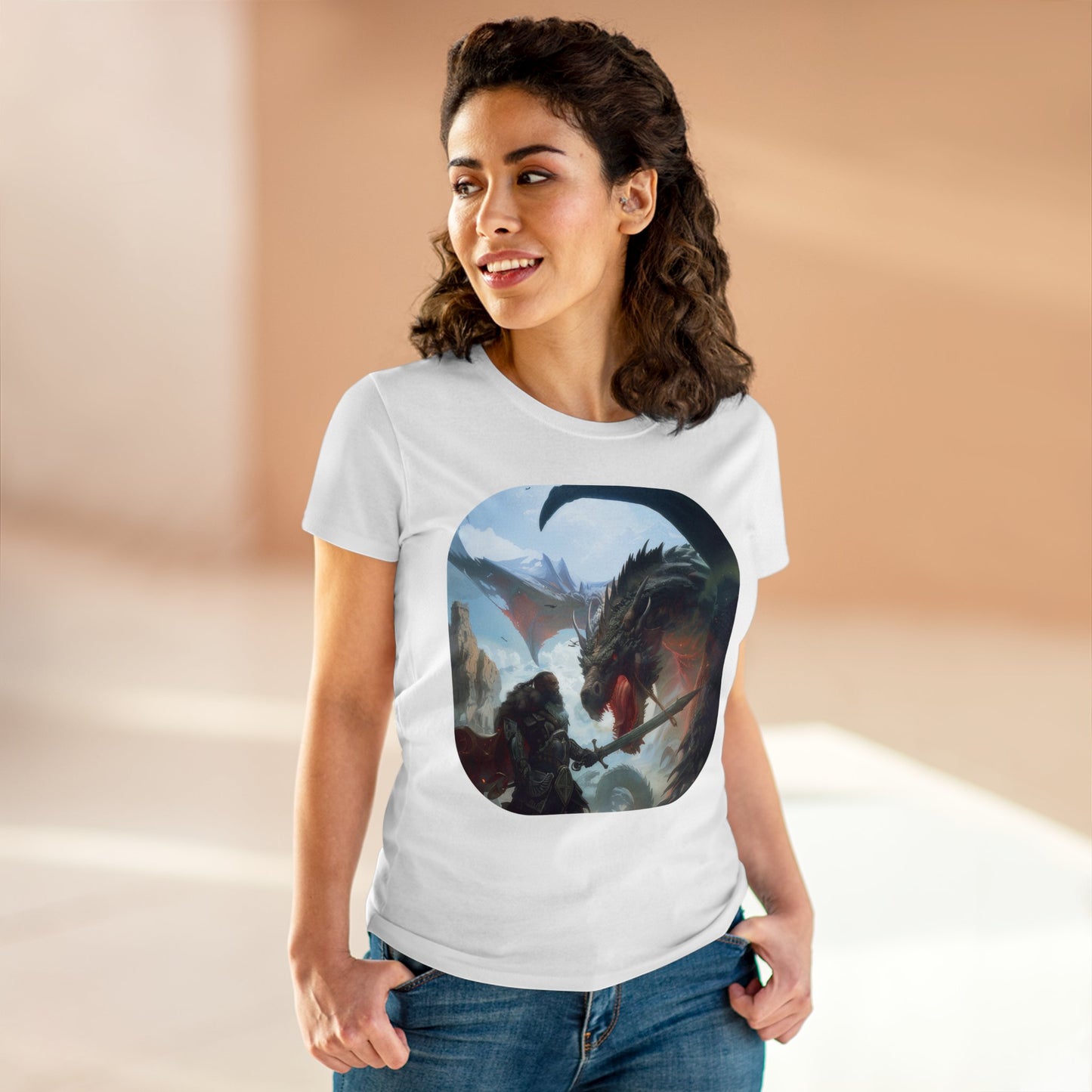 Fighter and Dragon - Fantasy - Women's Midweight Cotton Tee