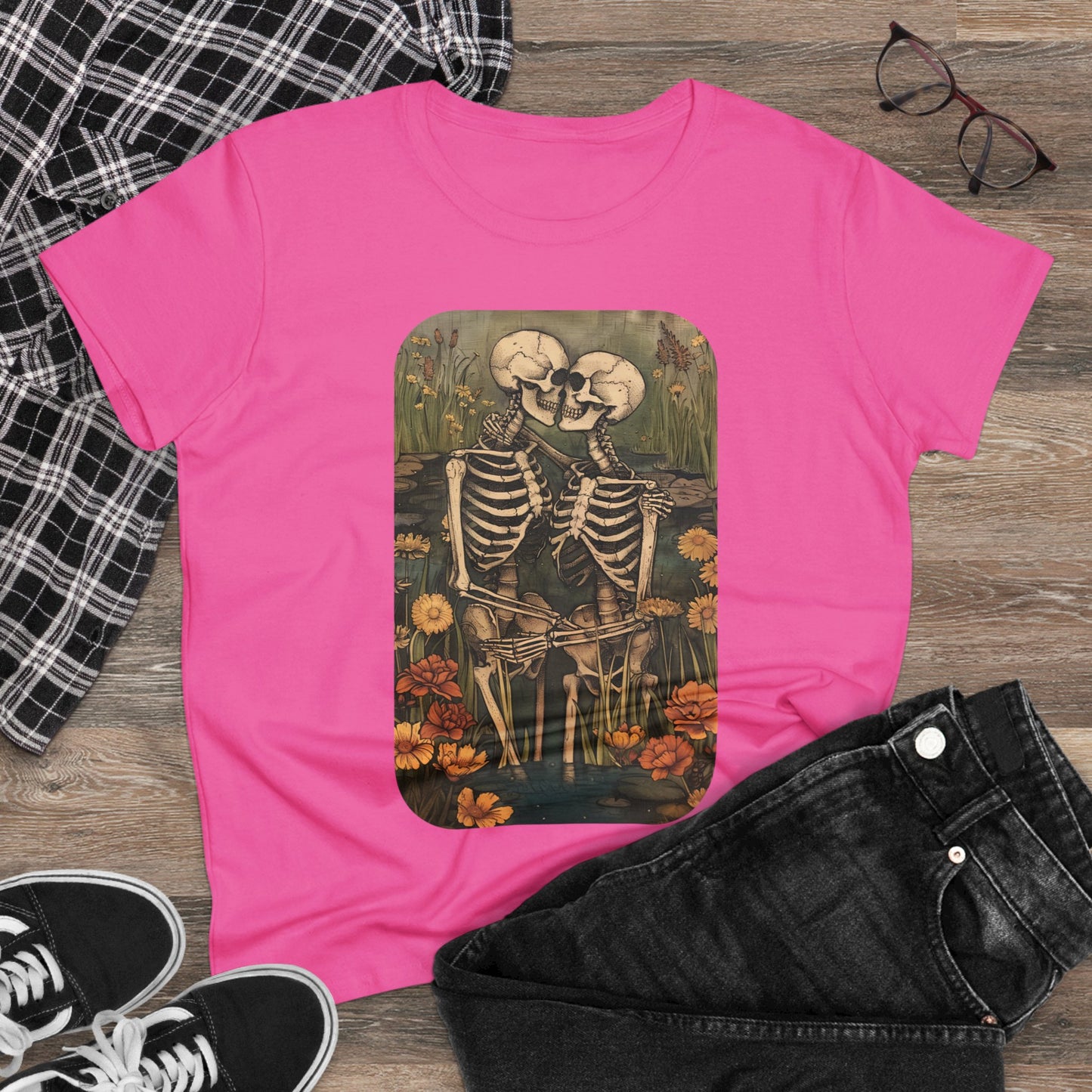 Skeleton Embrace - Flowers - Women's Midweight Cotton Tee