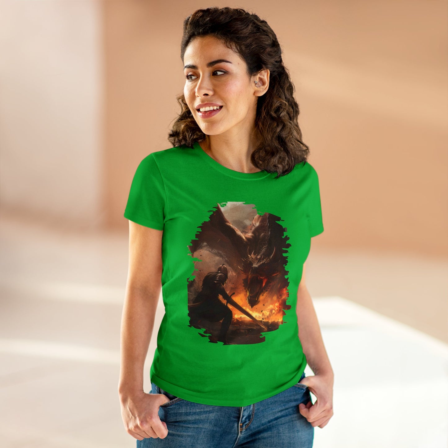 Fighter and Dragon - Fantasy - Women's Midweight Cotton Tee