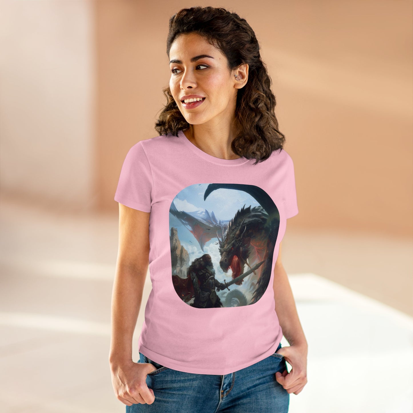 Fighter and Dragon - Fantasy - Women's Midweight Cotton Tee