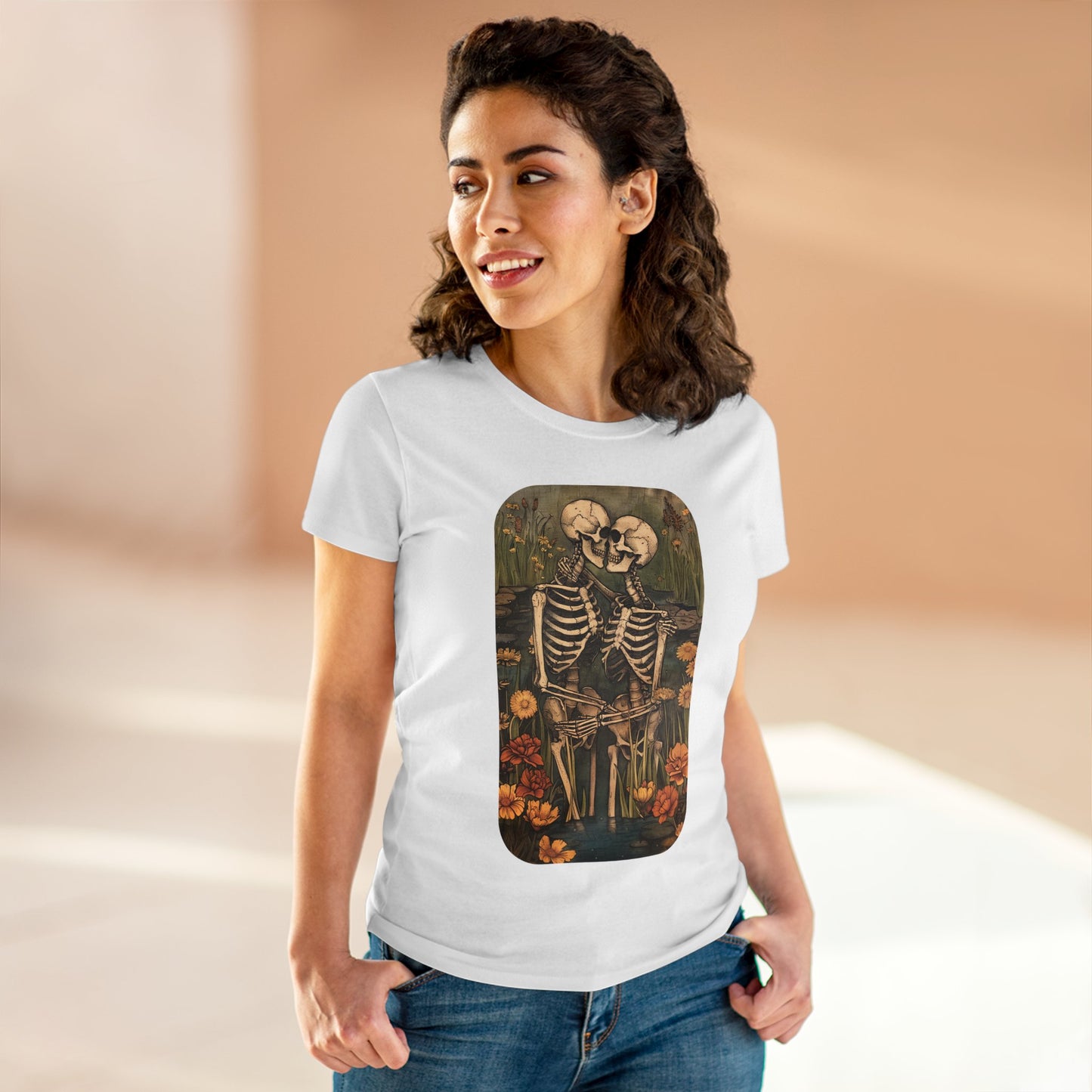 Skeleton Embrace - Flowers - Women's Midweight Cotton Tee