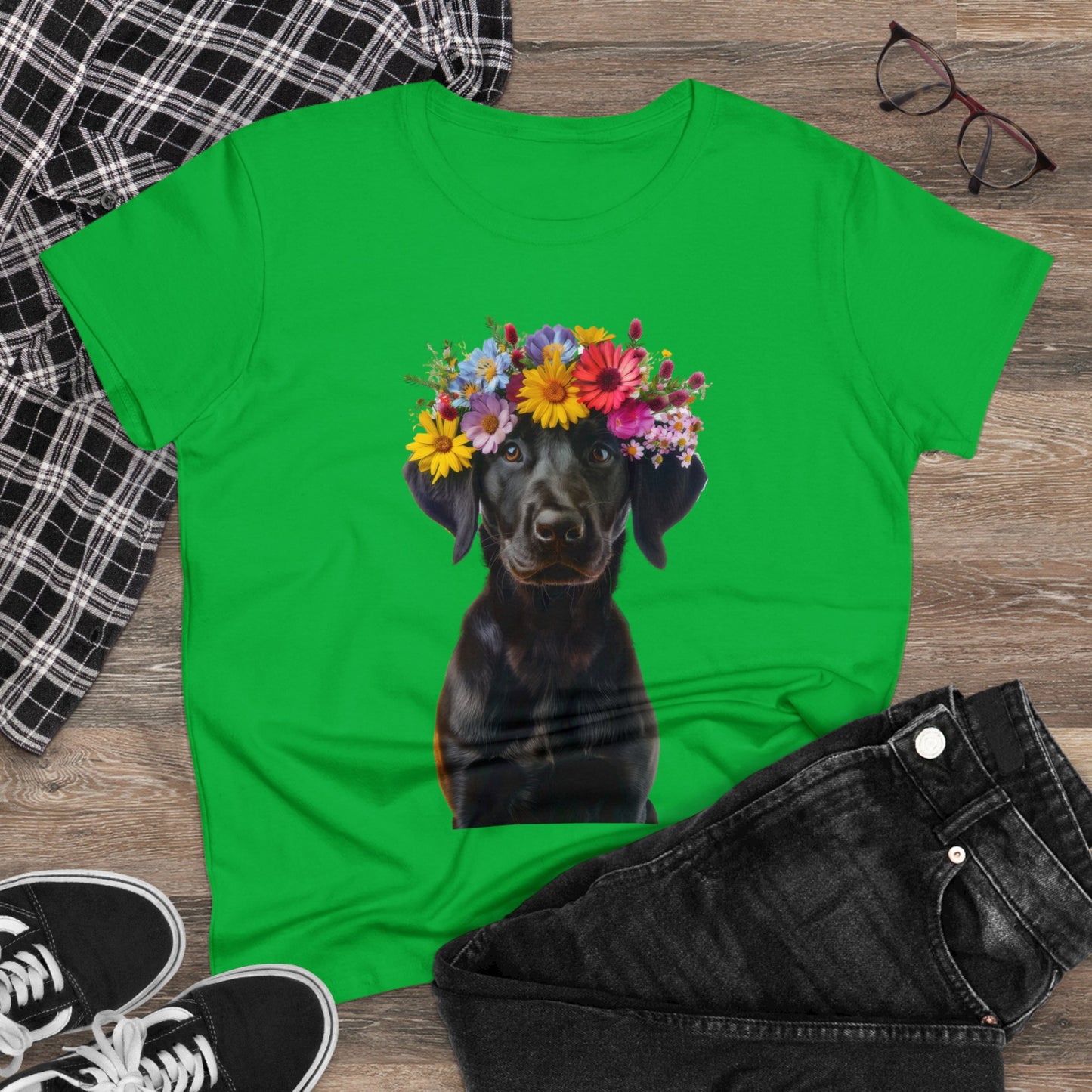 Dog's Flower Crown - Women's Midweight Cotton Tee