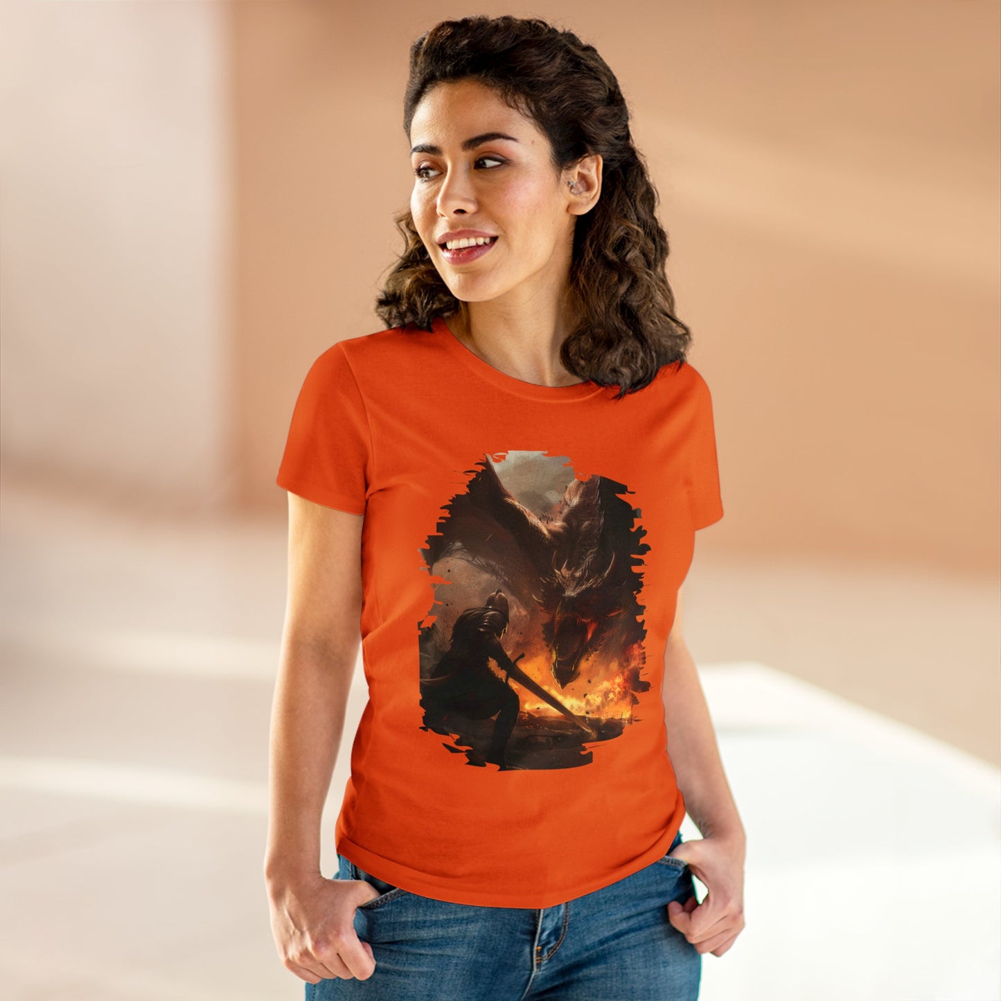 Fighter and Dragon - Fantasy - Women's Midweight Cotton Tee