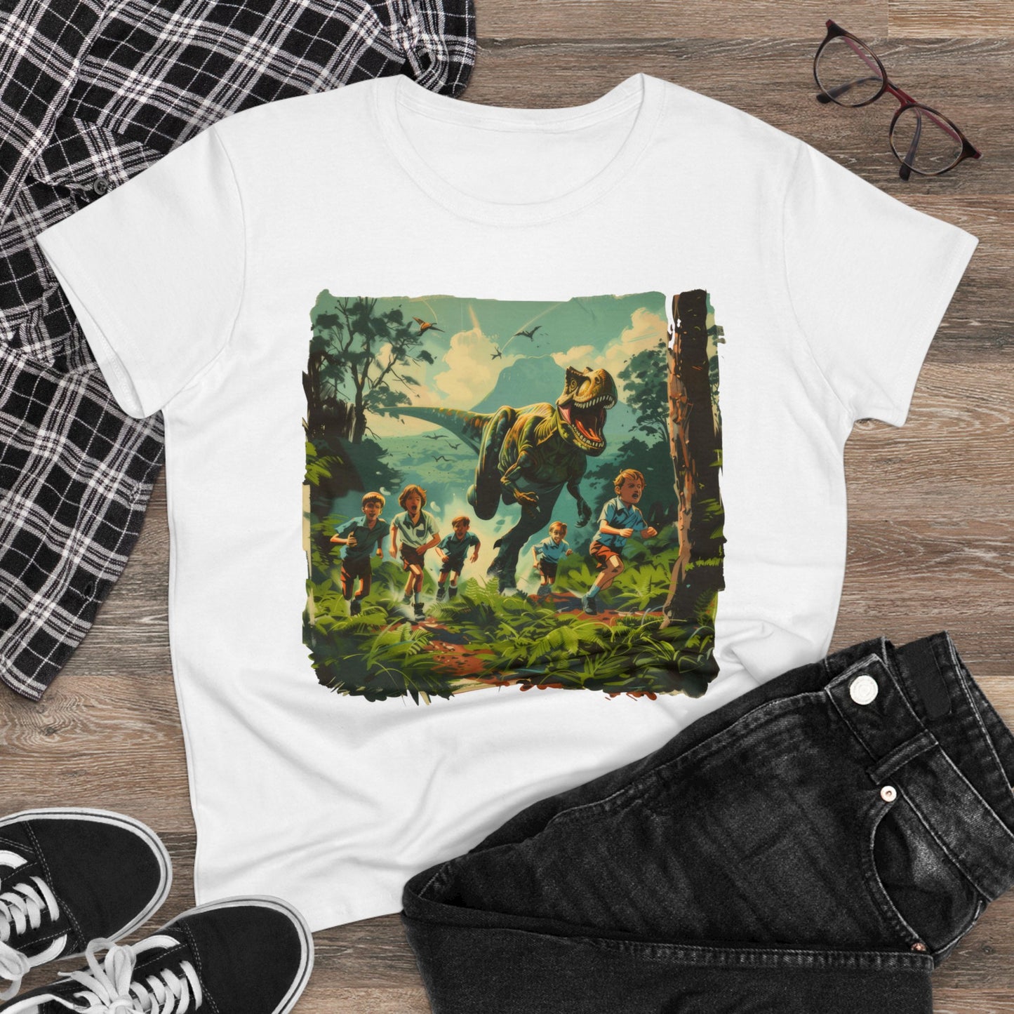 Dinosaur Chase - Women's Midweight Cotton Tee