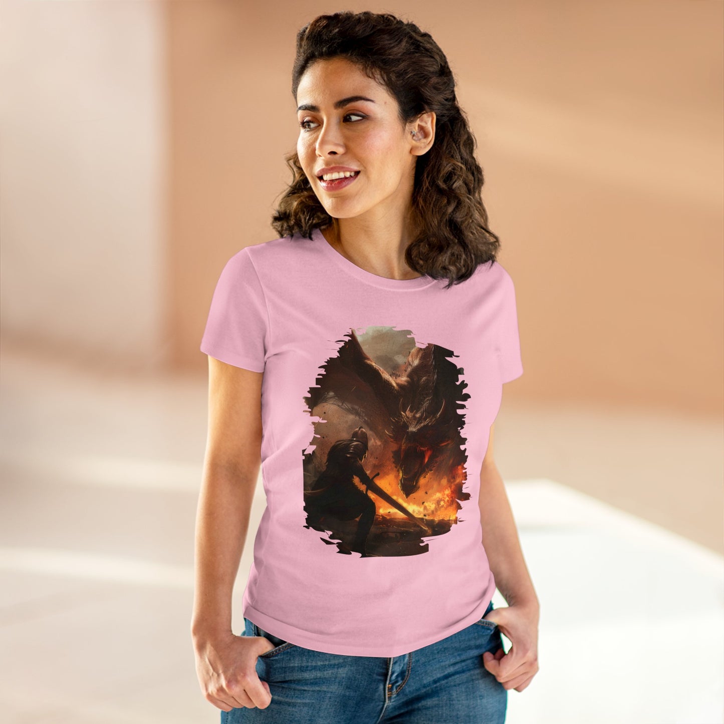 Fighter and Dragon - Fantasy - Women's Midweight Cotton Tee