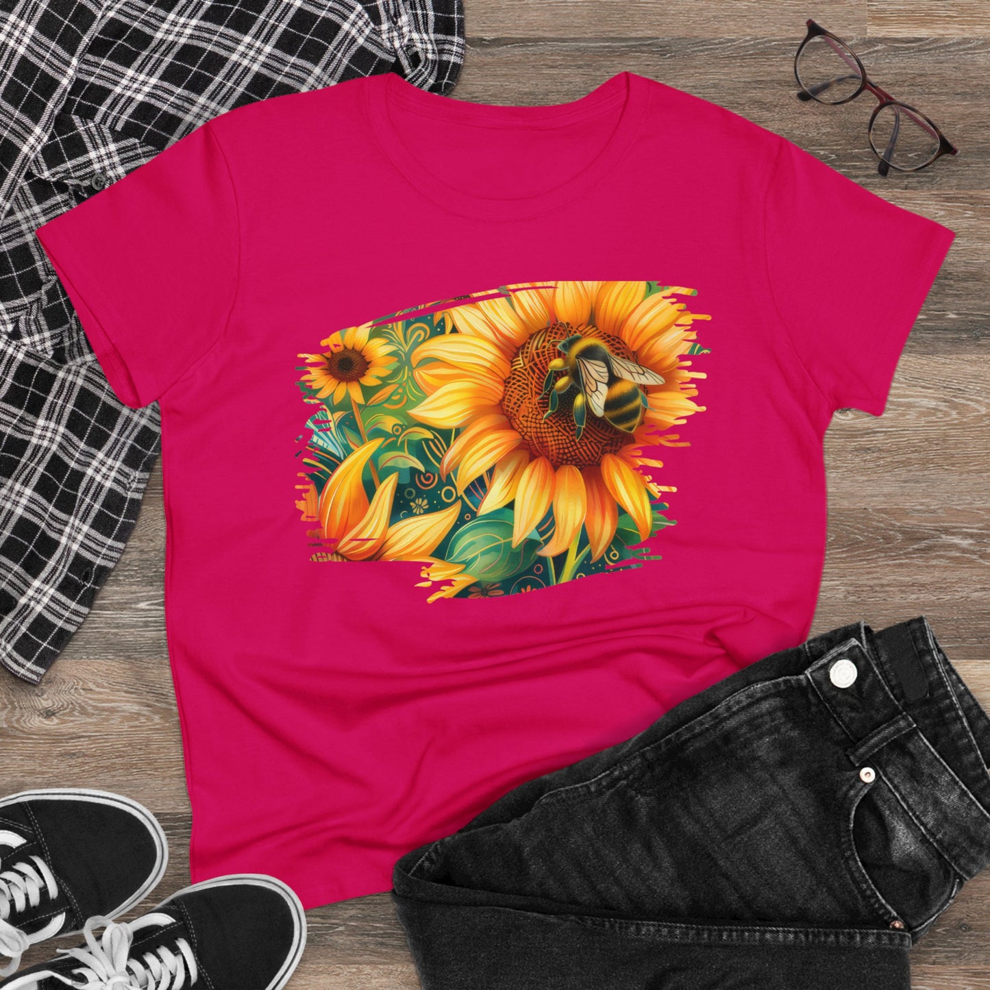 Sunflowers and Bee - Women's Midweight Cotton Tee