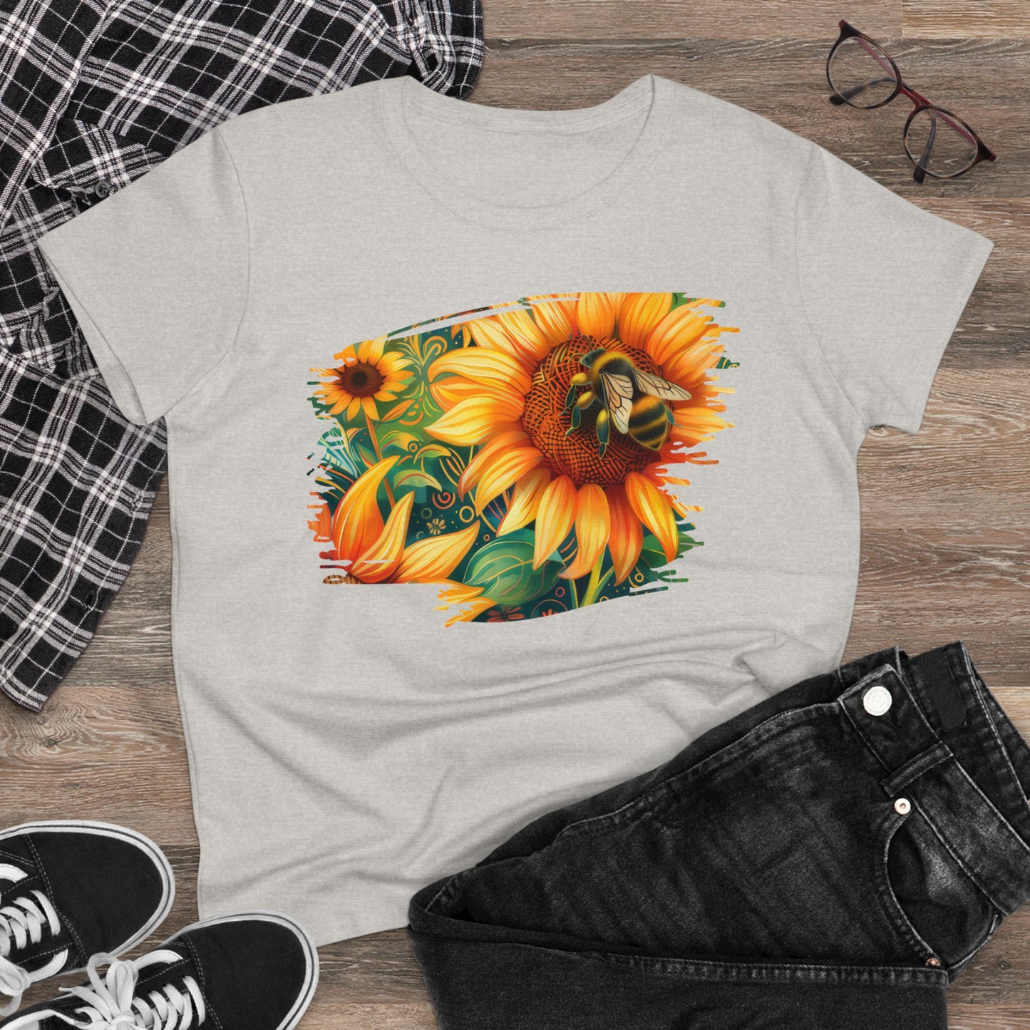 Sunflowers and Bee - Women's Midweight Cotton Tee