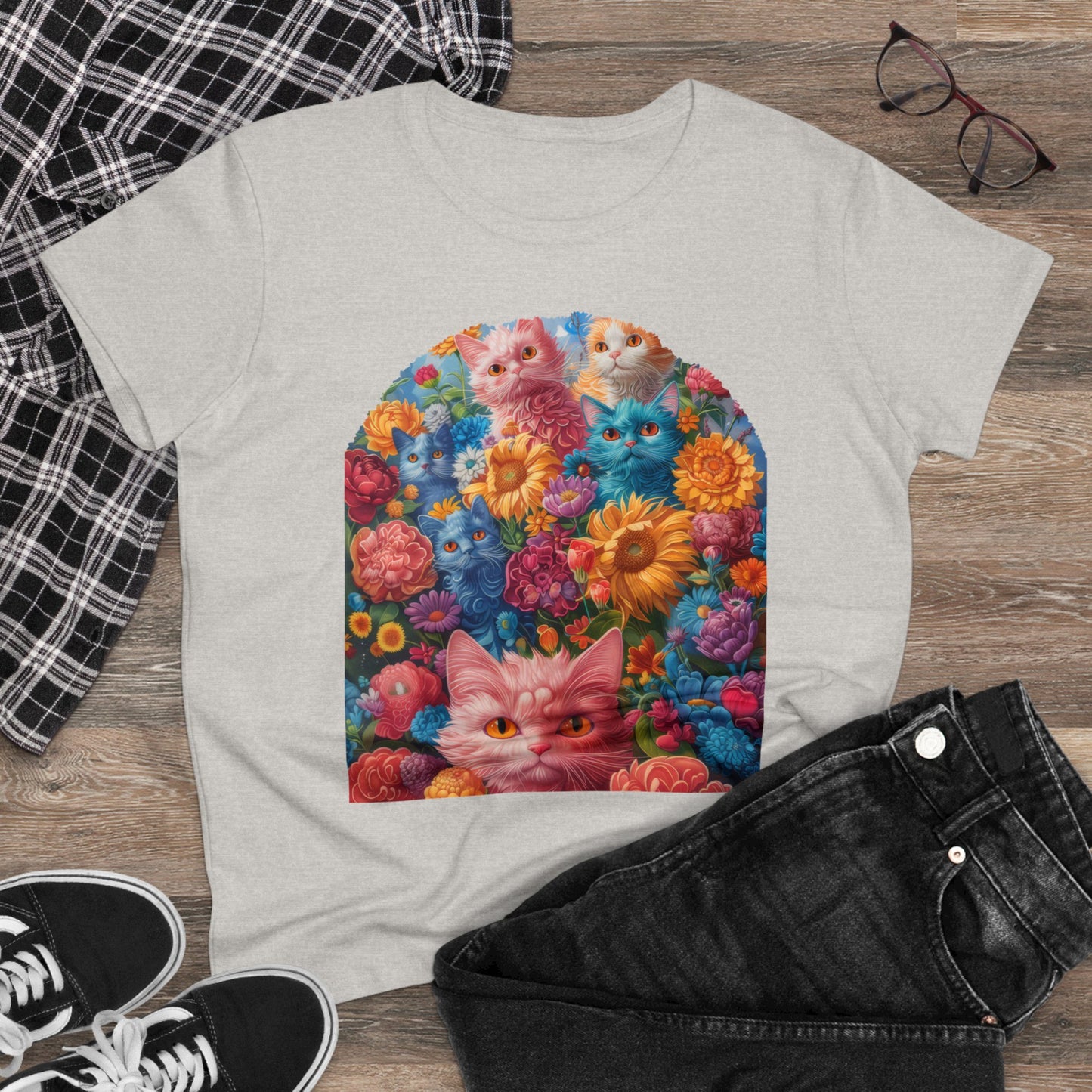 Cats and Flowers - Women's Midweight Cotton Tee