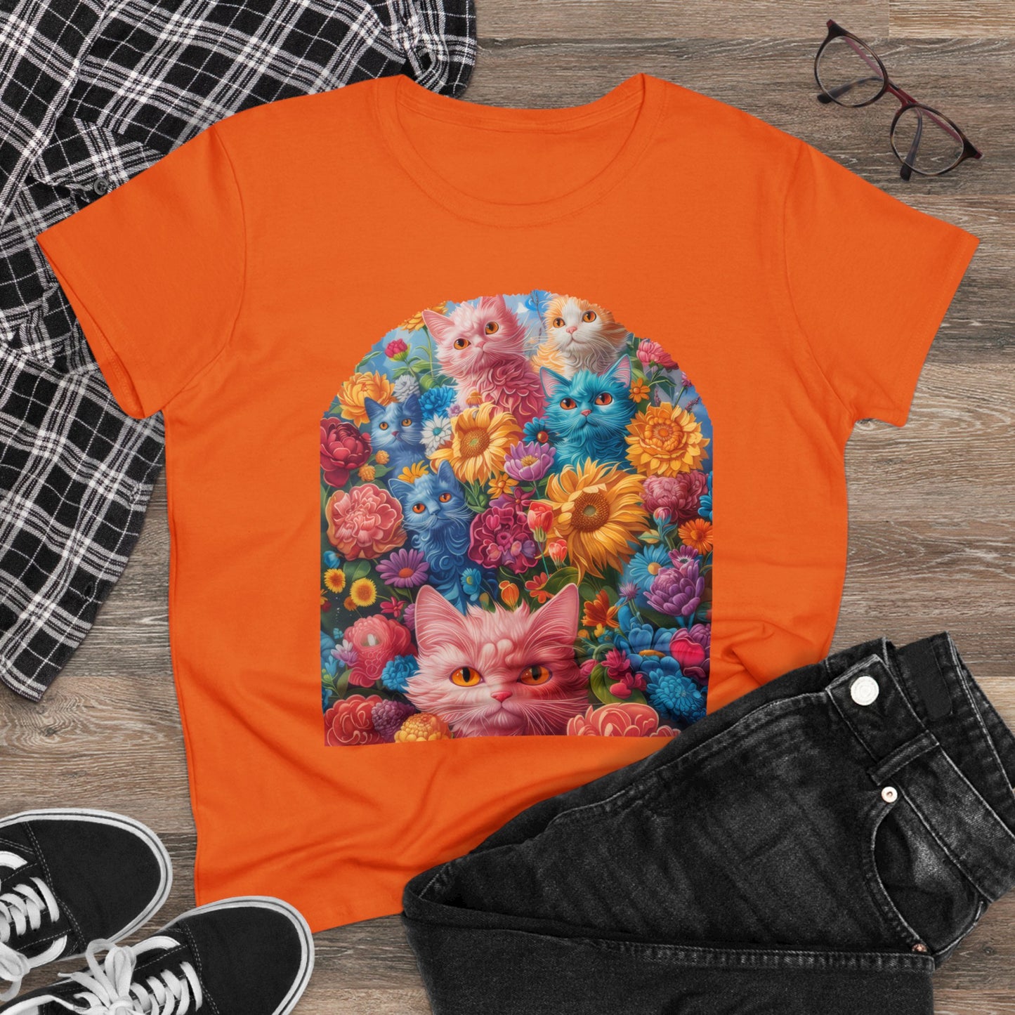 Cats and Flowers - Women's Midweight Cotton Tee