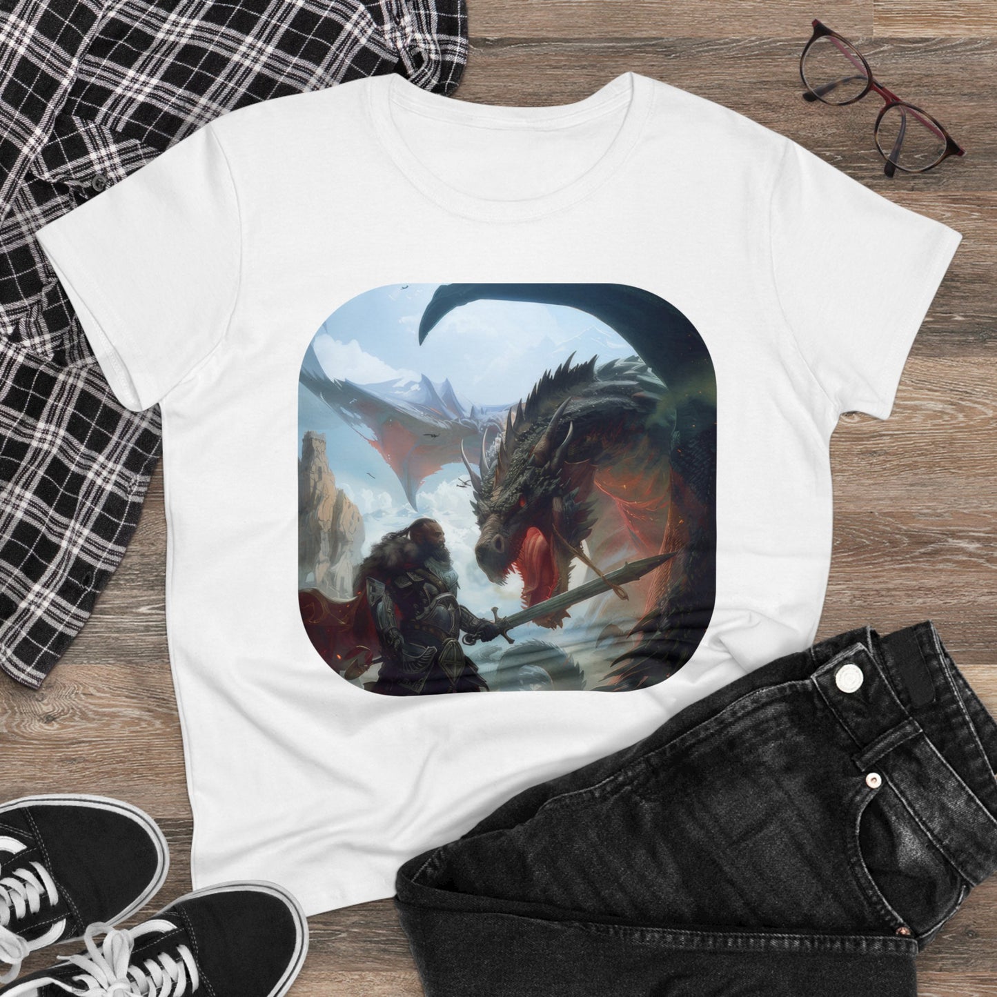 Fighter and Dragon - Fantasy - Women's Midweight Cotton Tee