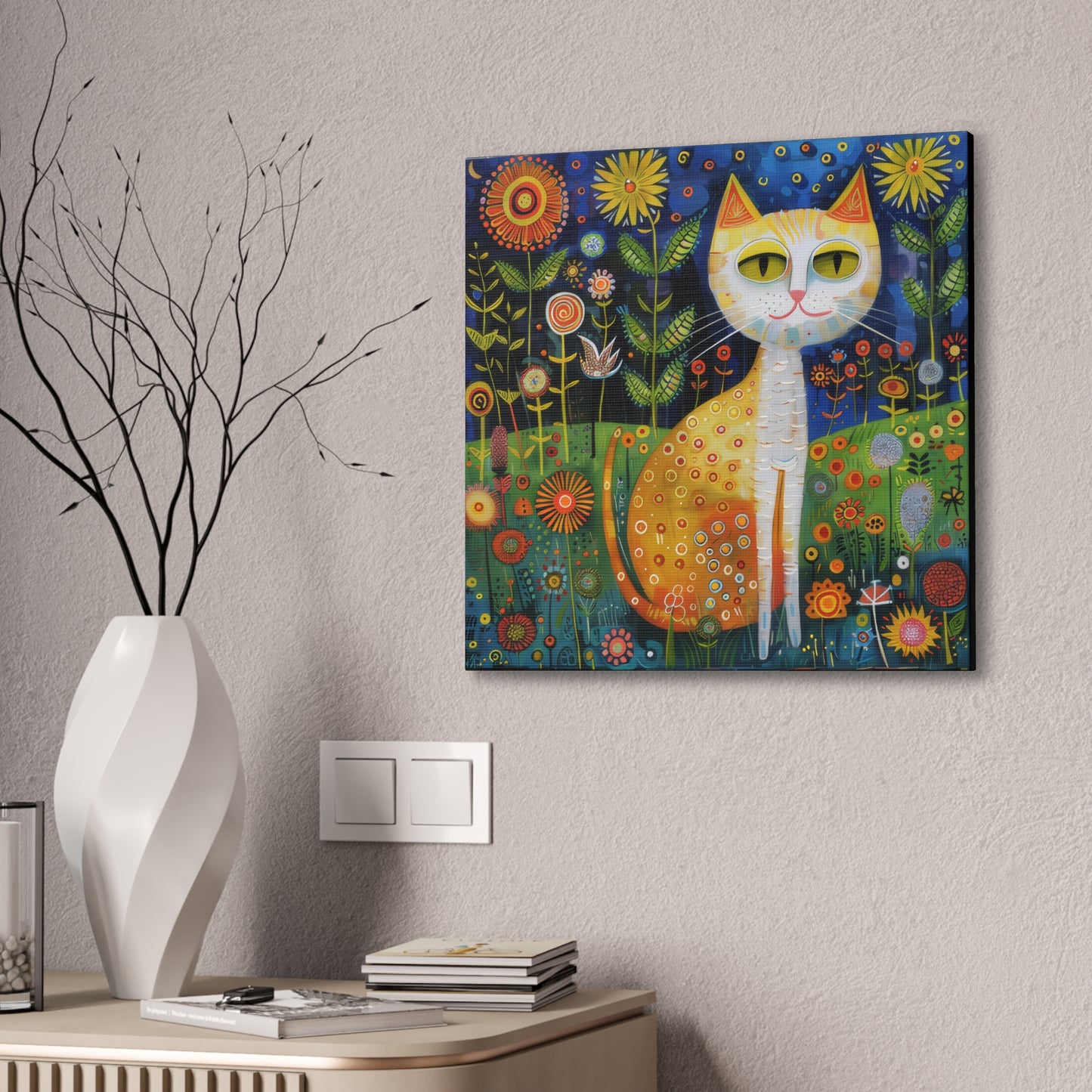 Folk Art Kitty - Canvas Stretched, 0.75" - Canvas Stretched, 0.75"