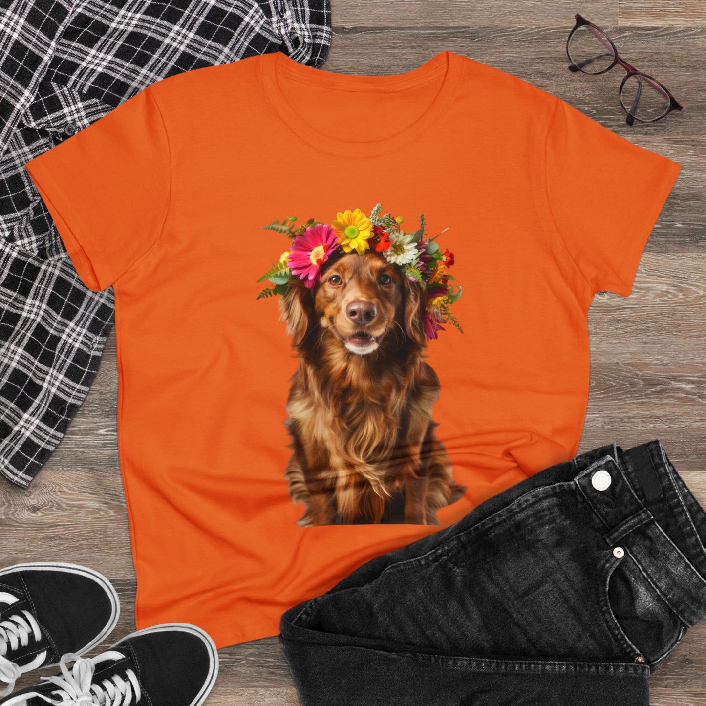 Dog's Flower Crown - Women's Midweight Cotton Tee