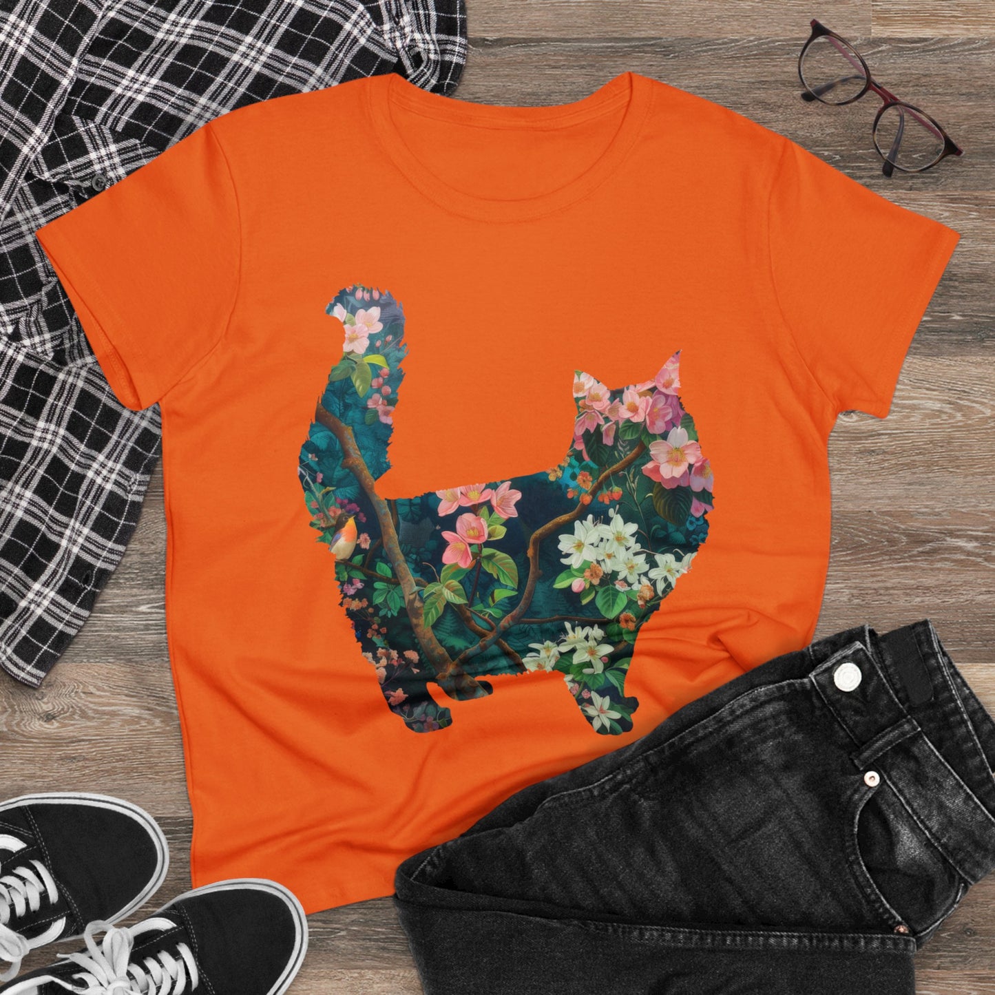 Flowery Cat - Women's Midweight Cotton Tee