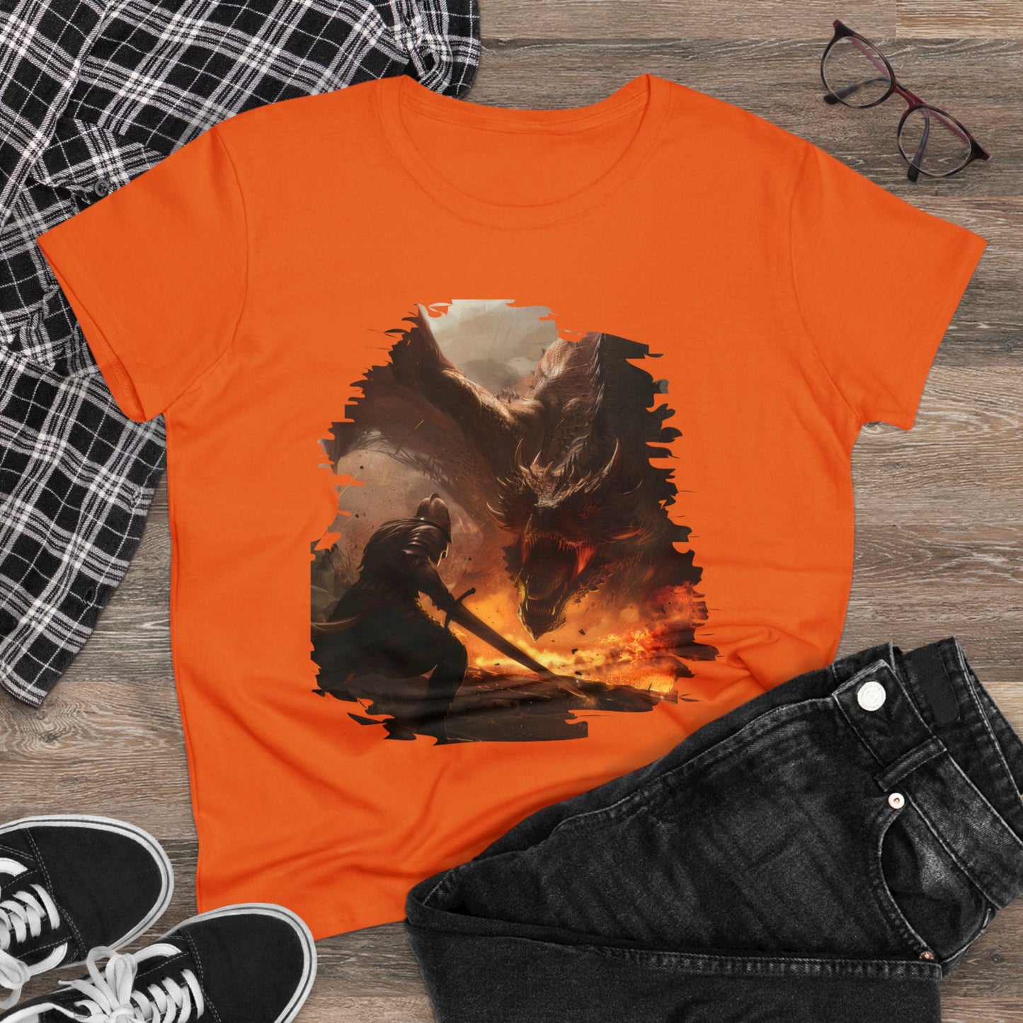 Fighter and Dragon - Fantasy - Women's Midweight Cotton Tee