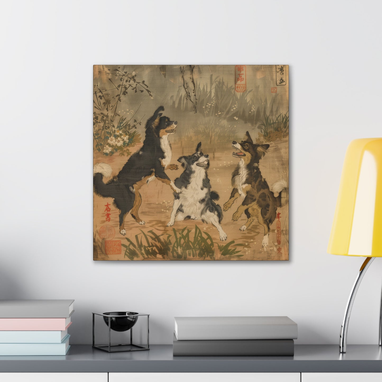 Woodblock Print Dogs - Canvas Stretched, 0.75"