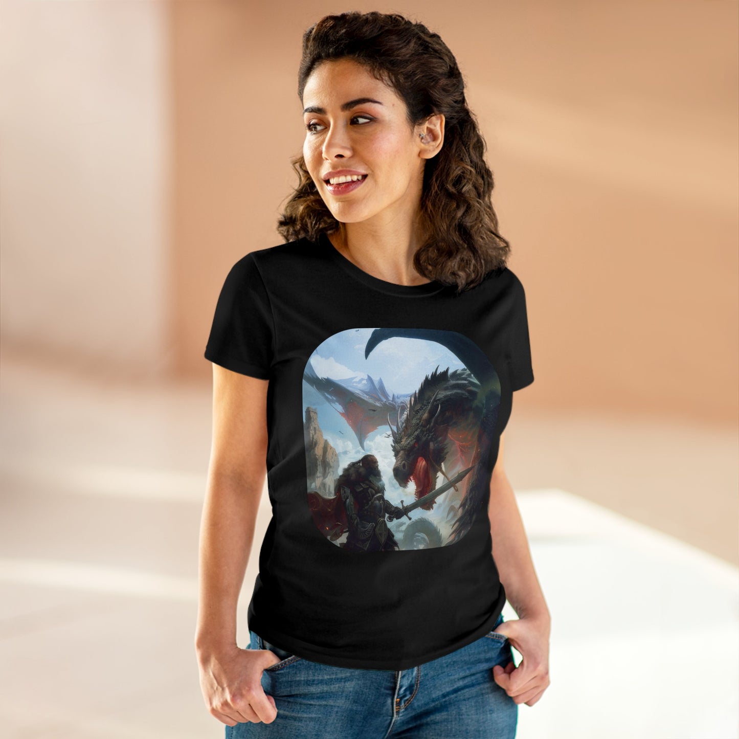 Fighter and Dragon - Fantasy - Women's Midweight Cotton Tee