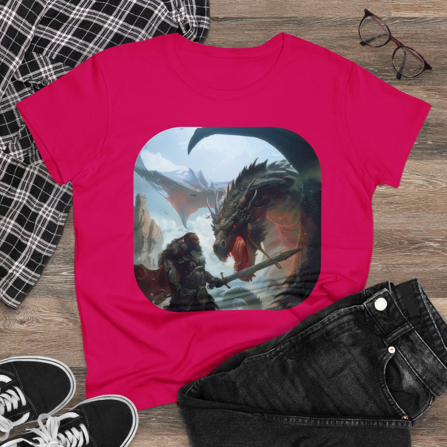 Fighter and Dragon - Fantasy - Women's Midweight Cotton Tee