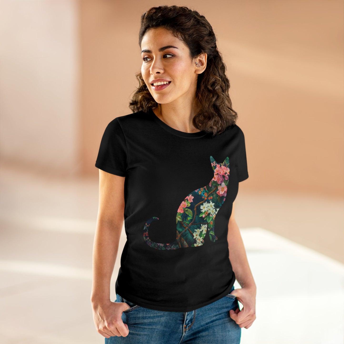 Flowery Cat - Women's Midweight Cotton Tee