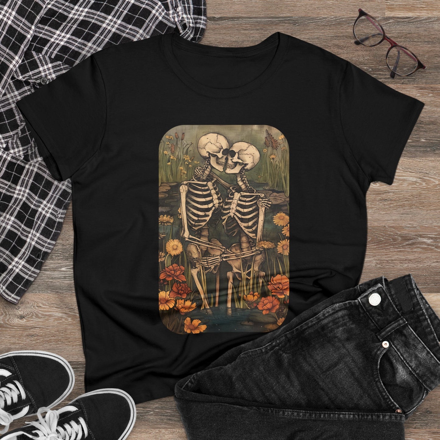 Skeleton Embrace - Flowers - Women's Midweight Cotton Tee