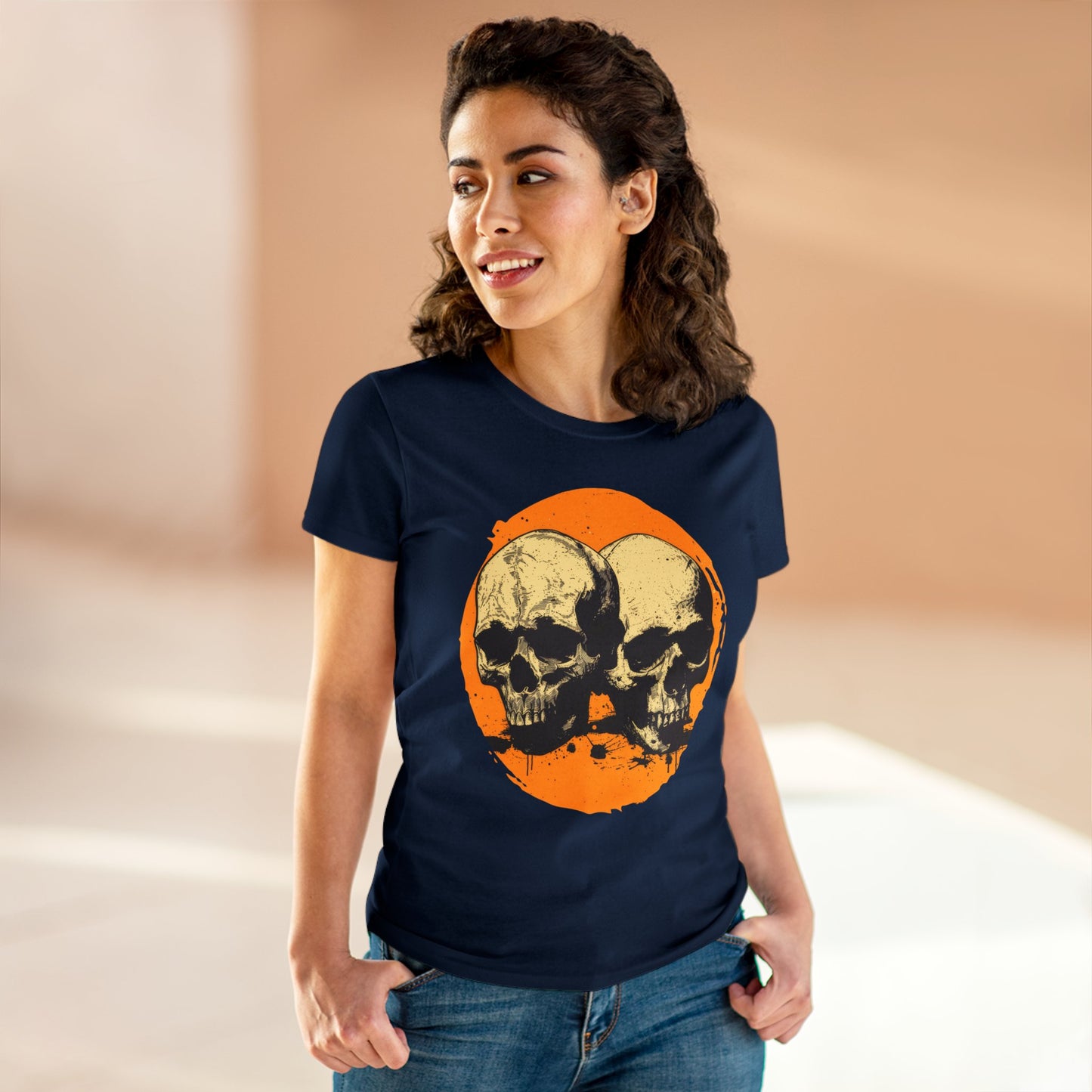 Skulls on Orange - Women's Midweight Cotton Tee