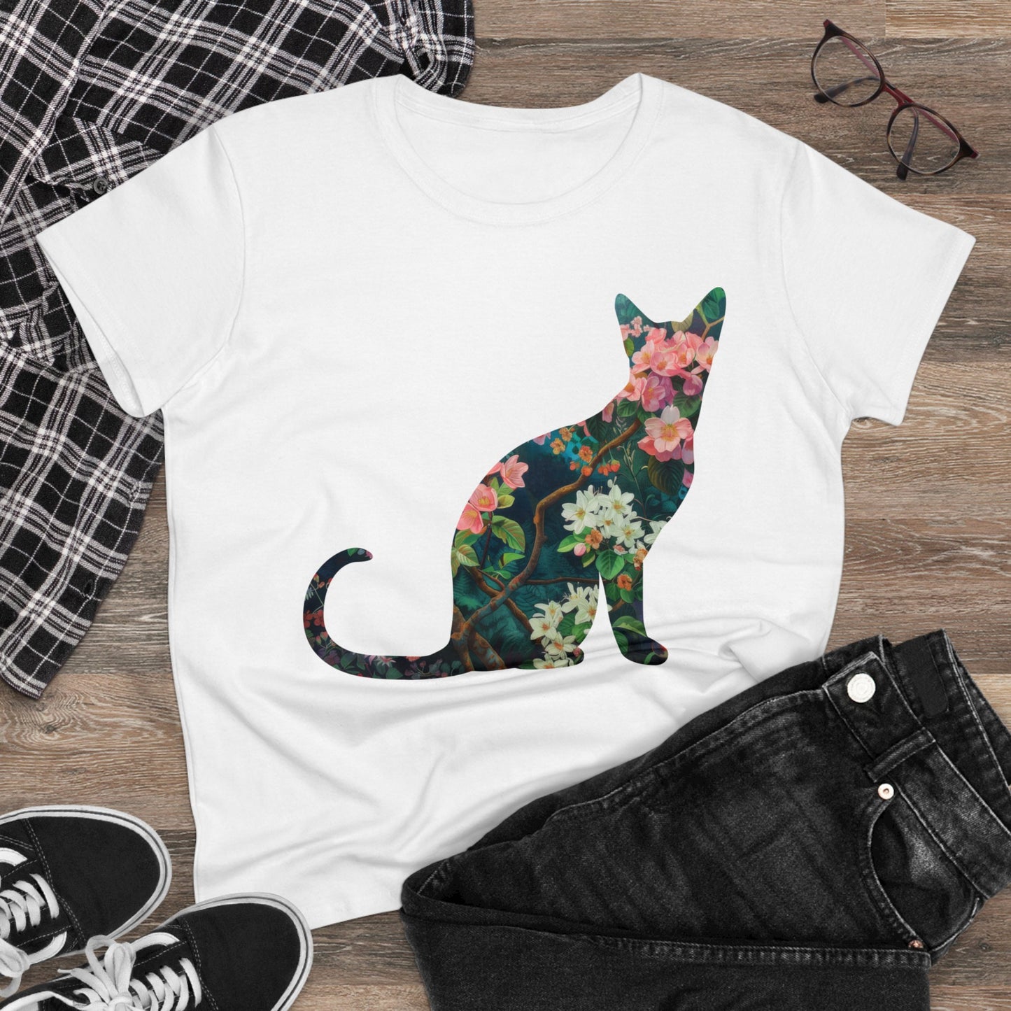 Flowery Cat - Women's Midweight Cotton Tee