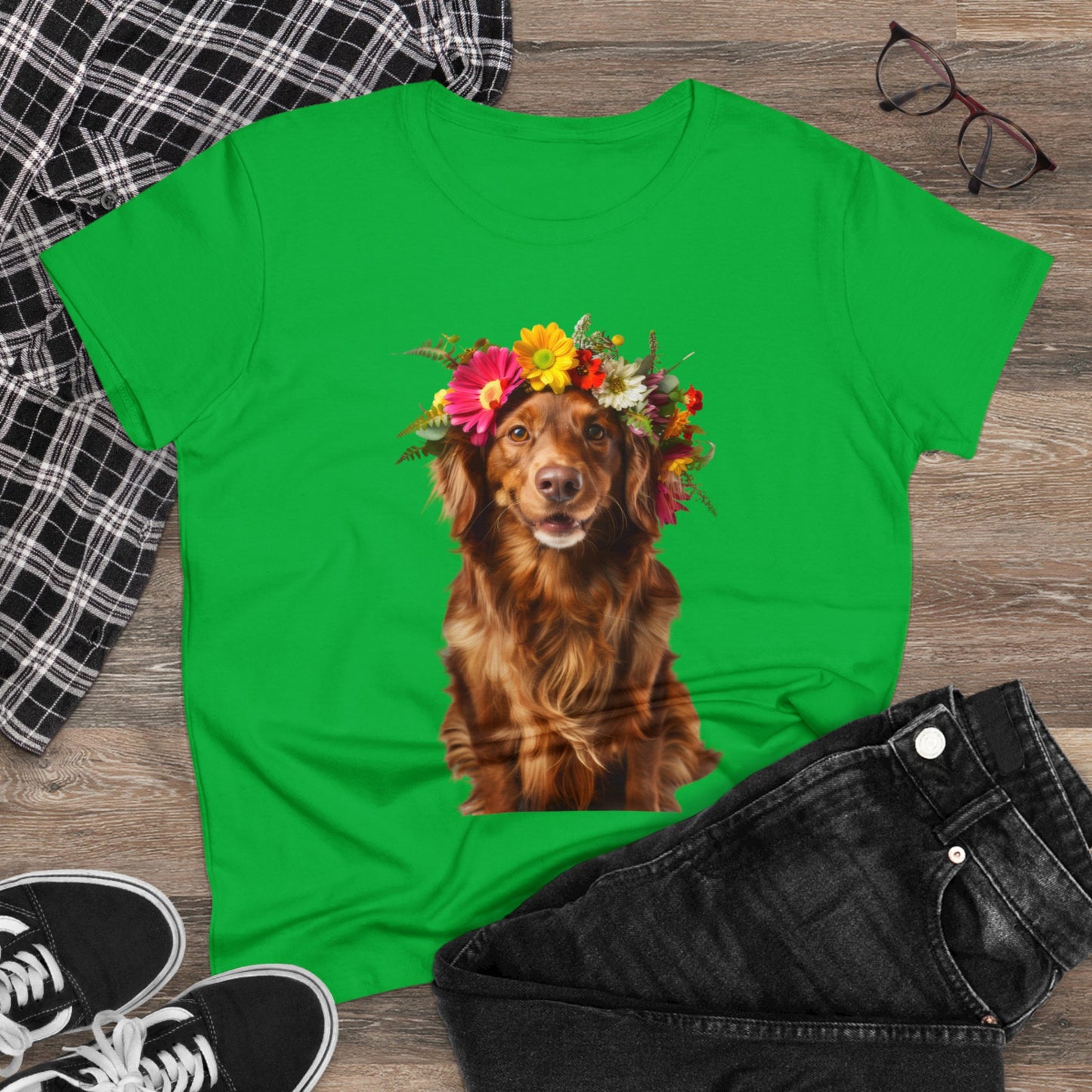 Dog's Flower Crown - Women's Midweight Cotton Tee