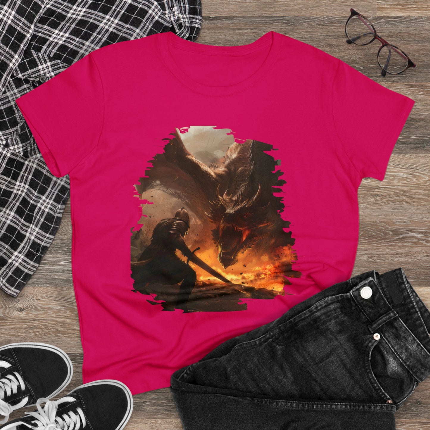 Fighter and Dragon - Fantasy - Women's Midweight Cotton Tee