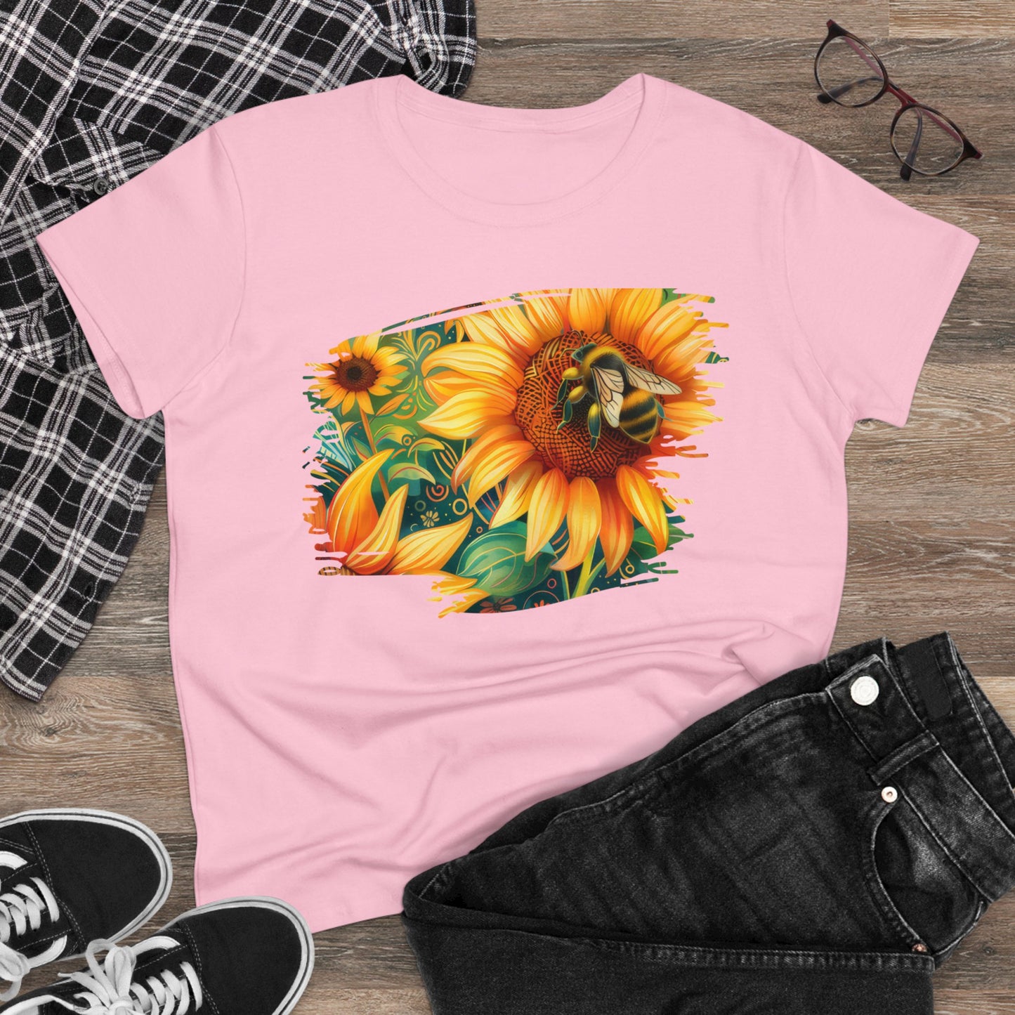 Sunflowers and Bee - Women's Midweight Cotton Tee