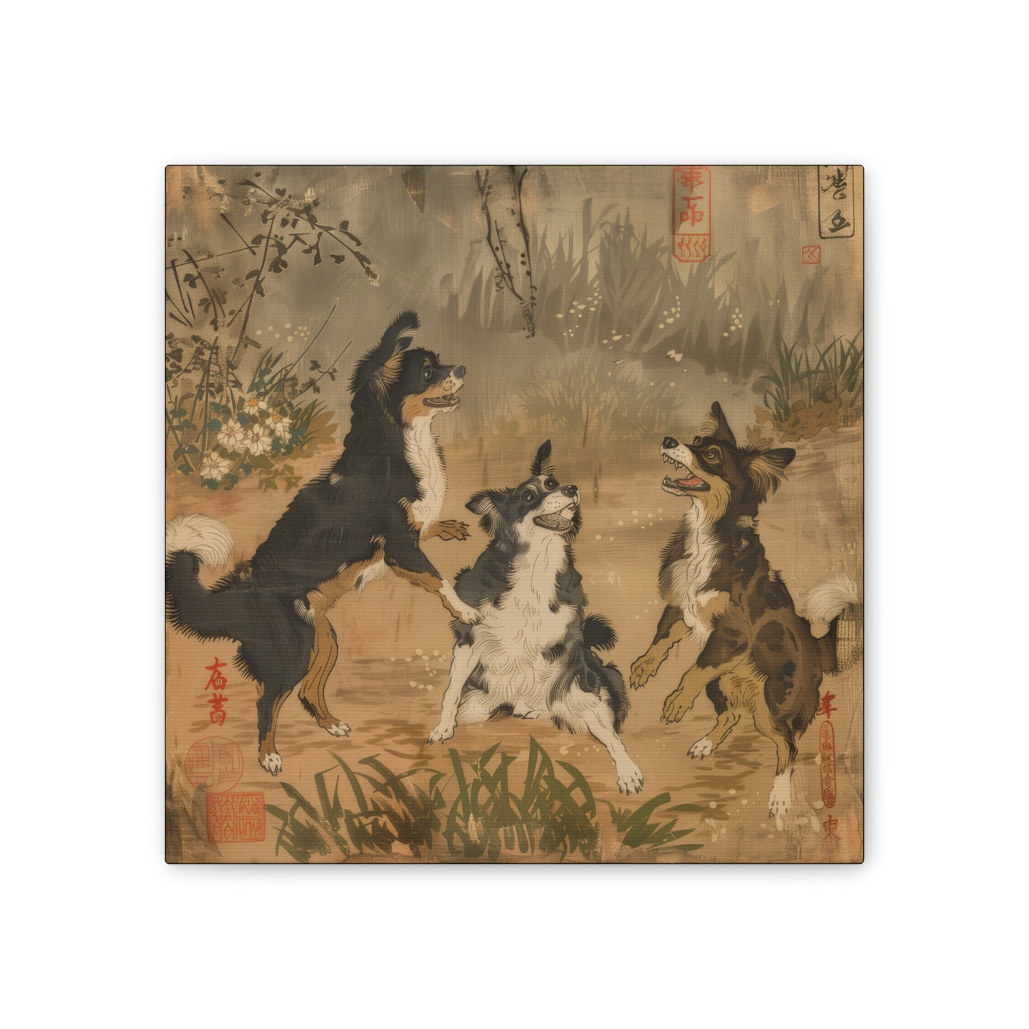 Woodblock Print Dogs - Canvas Stretched, 0.75"