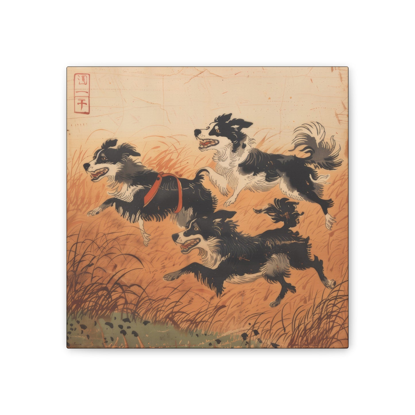 Woodblock Print Dogs - Canvas Stretched, 0.75"