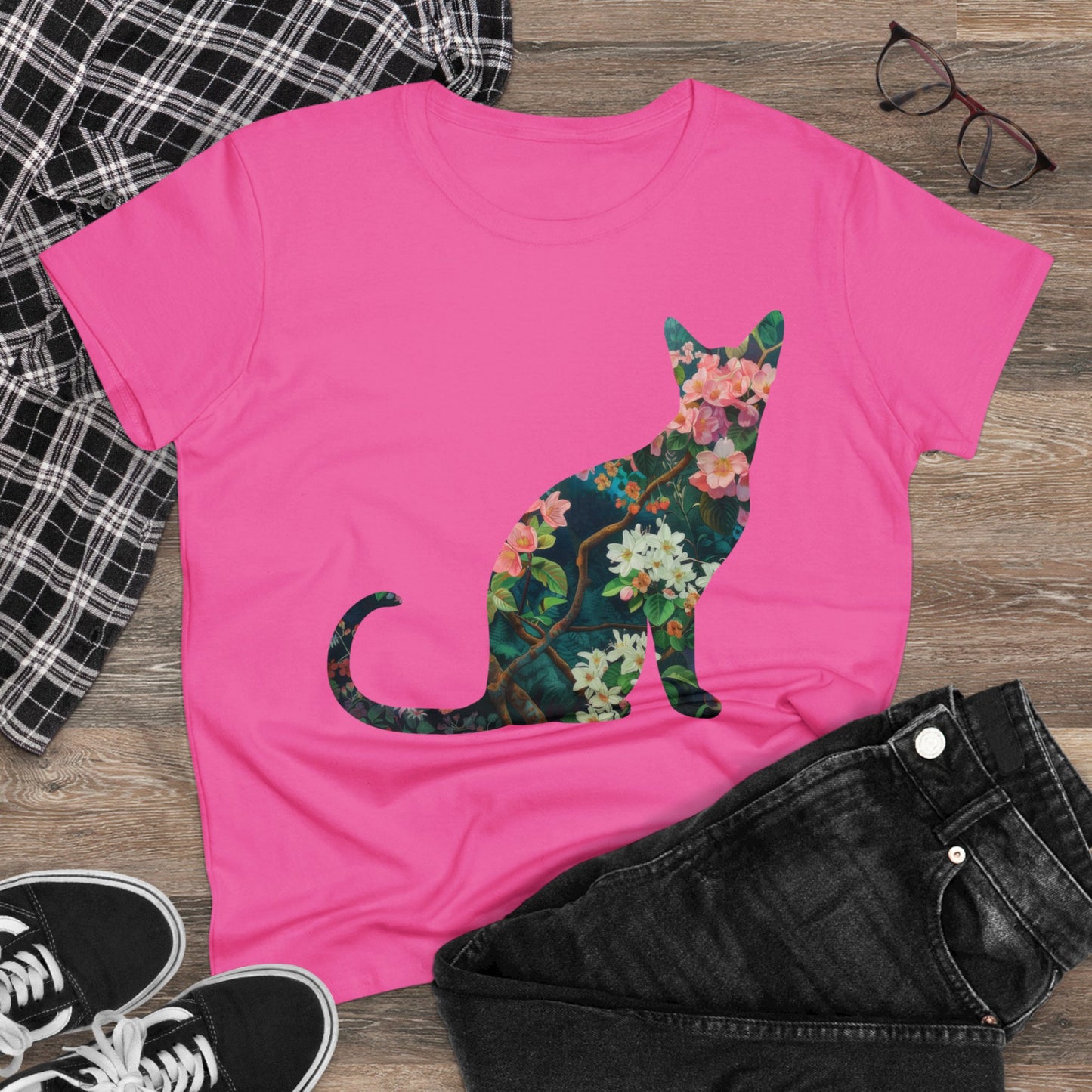 Flowery Cat - Women's Midweight Cotton Tee