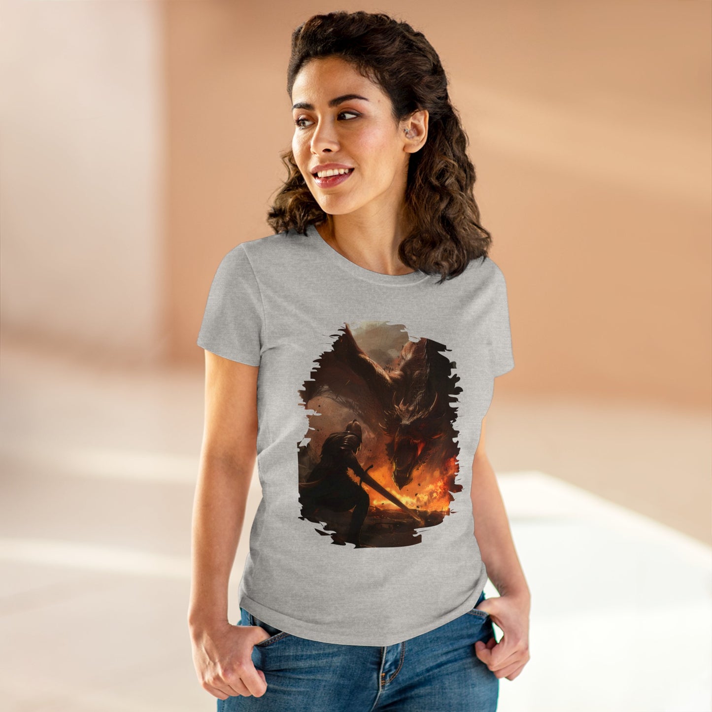 Fighter and Dragon - Fantasy - Women's Midweight Cotton Tee