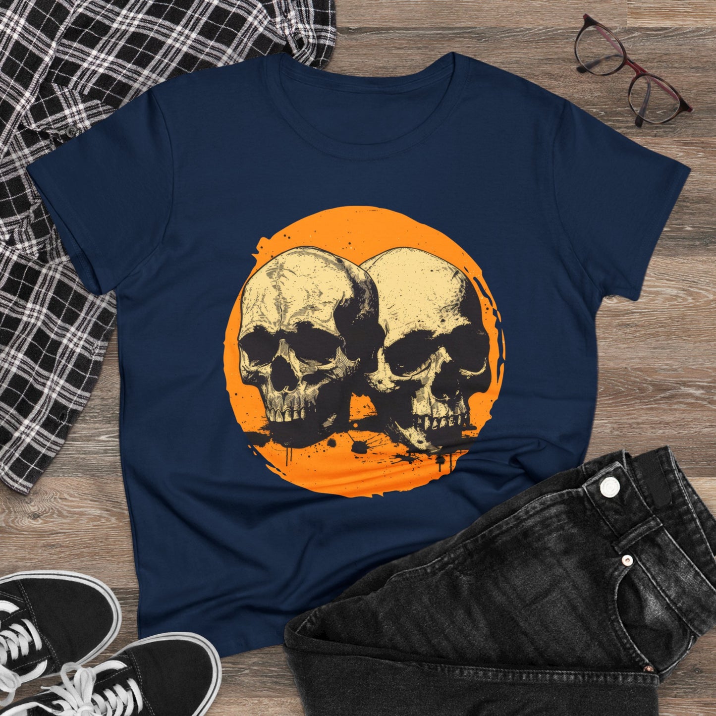 Skulls on Orange - Women's Midweight Cotton Tee