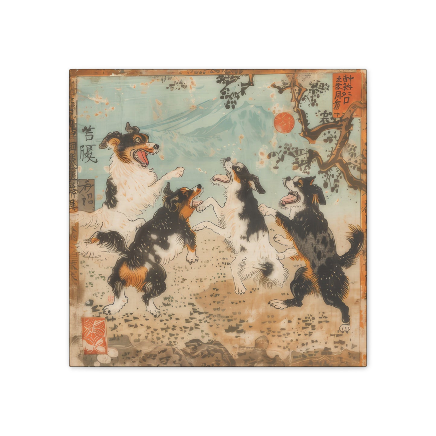 Woodblock Print Dogs - Canvas Stretched, 0.75"