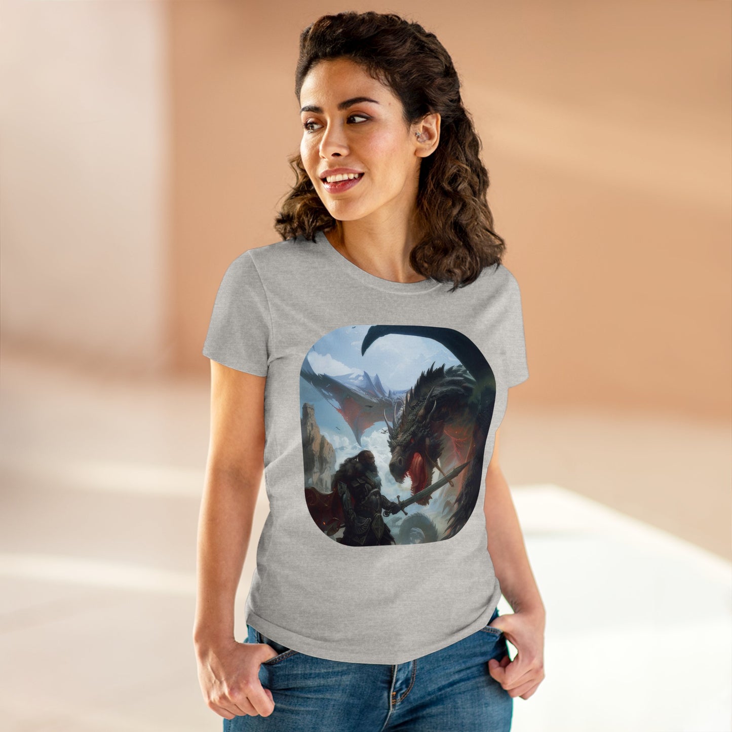 Fighter and Dragon - Fantasy - Women's Midweight Cotton Tee