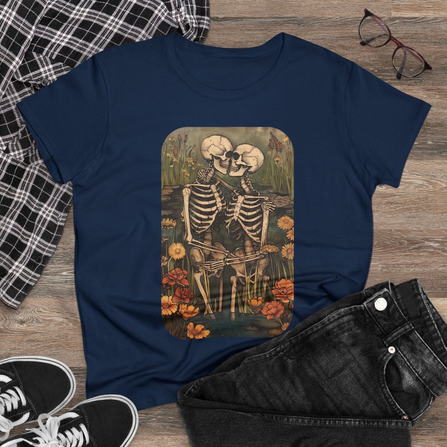 Skeleton Embrace - Flowers - Women's Midweight Cotton Tee