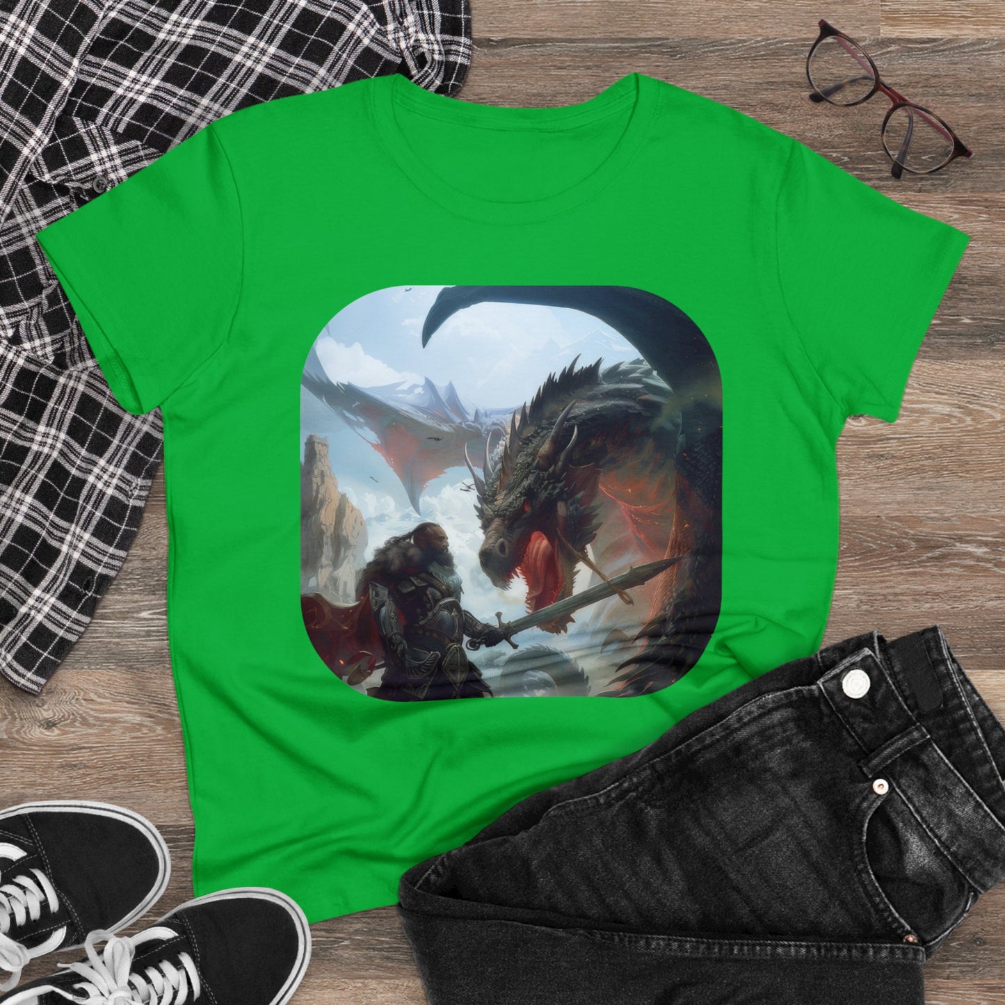 Fighter and Dragon - Fantasy - Women's Midweight Cotton Tee