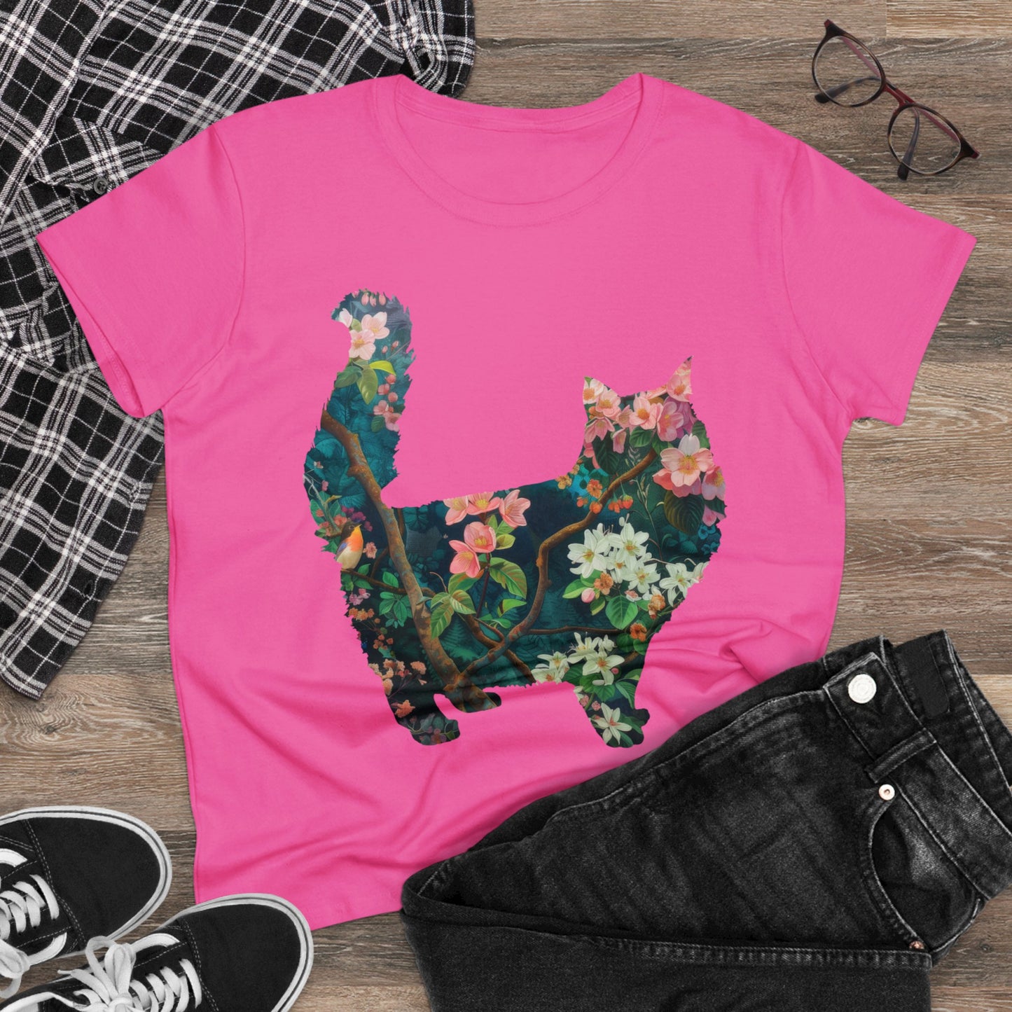 Flowery Cat - Women's Midweight Cotton Tee